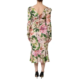 Pink Floral Silk Fit And Flared Midi Dress