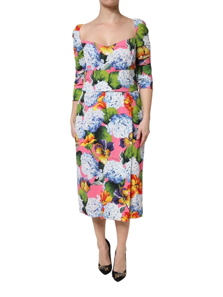 Multicolor Floral Pleated Sheath Midi  Dress