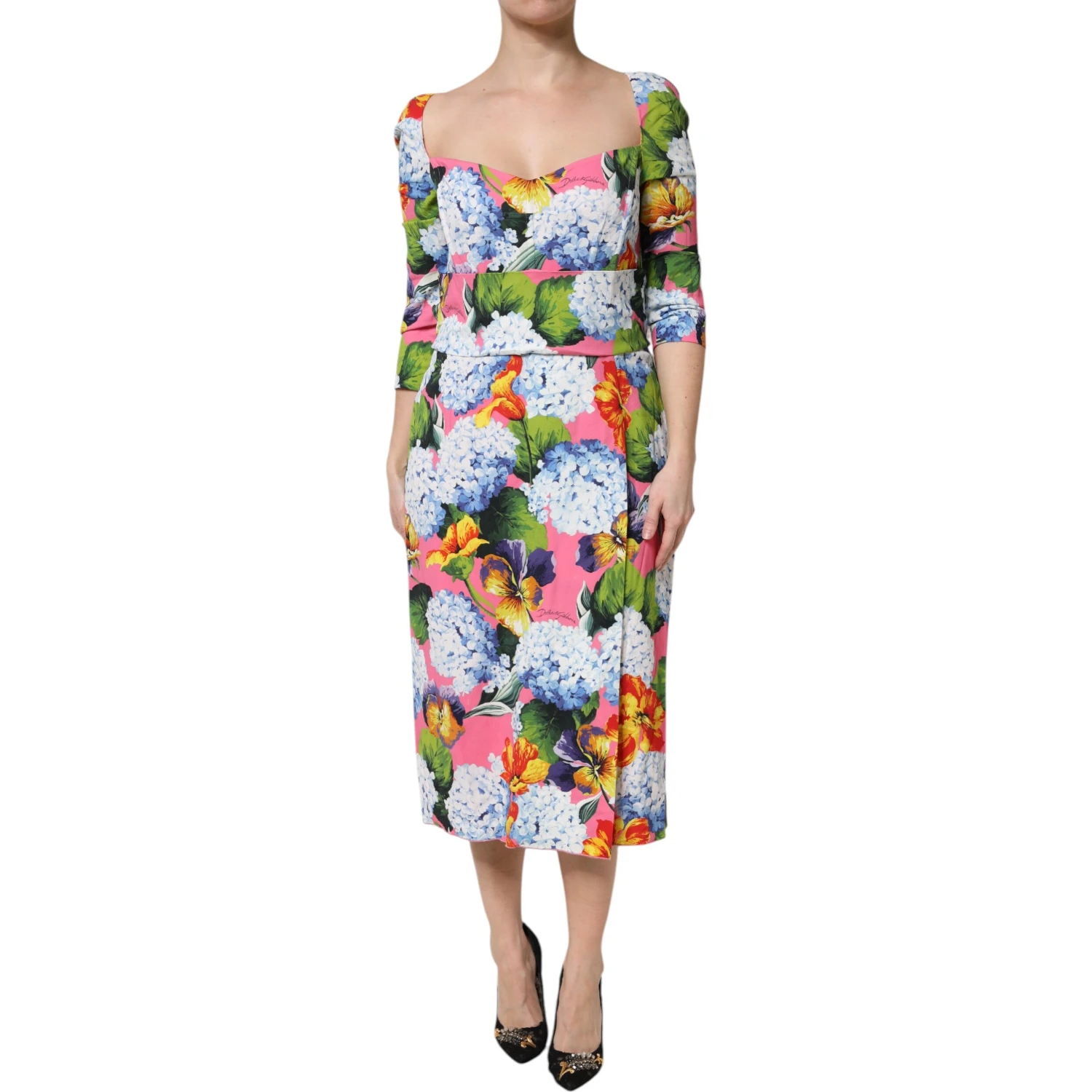 Multicolor Floral Pleated Sheath Midi  Dress