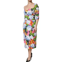 Multicolor Floral Pleated Sheath Midi  Dress