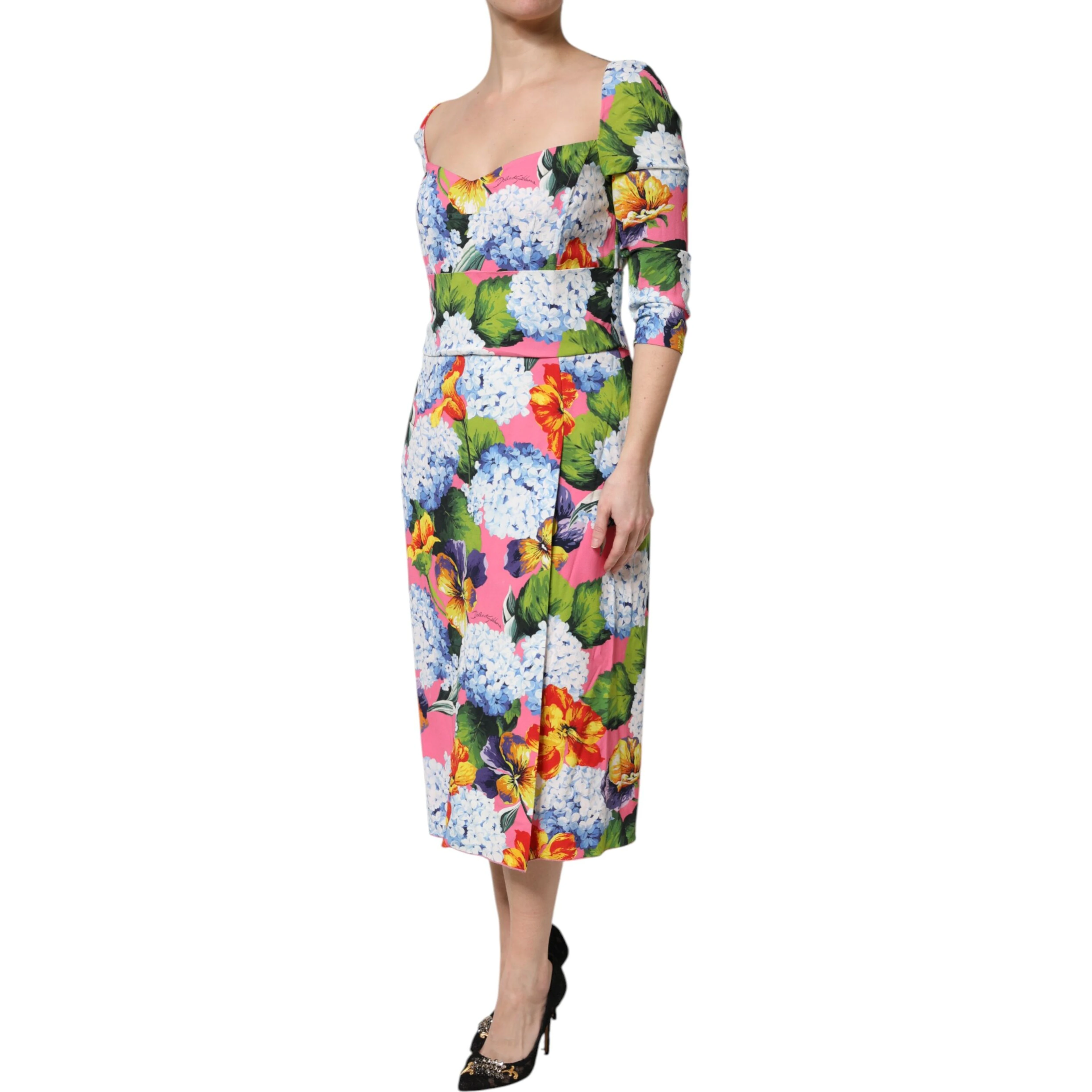 Multicolor Floral Pleated Sheath Midi  Dress