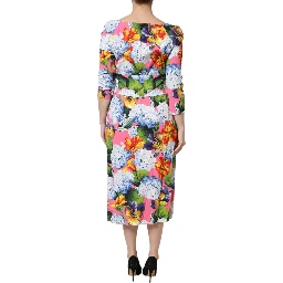 Multicolor Floral Pleated Sheath Midi  Dress