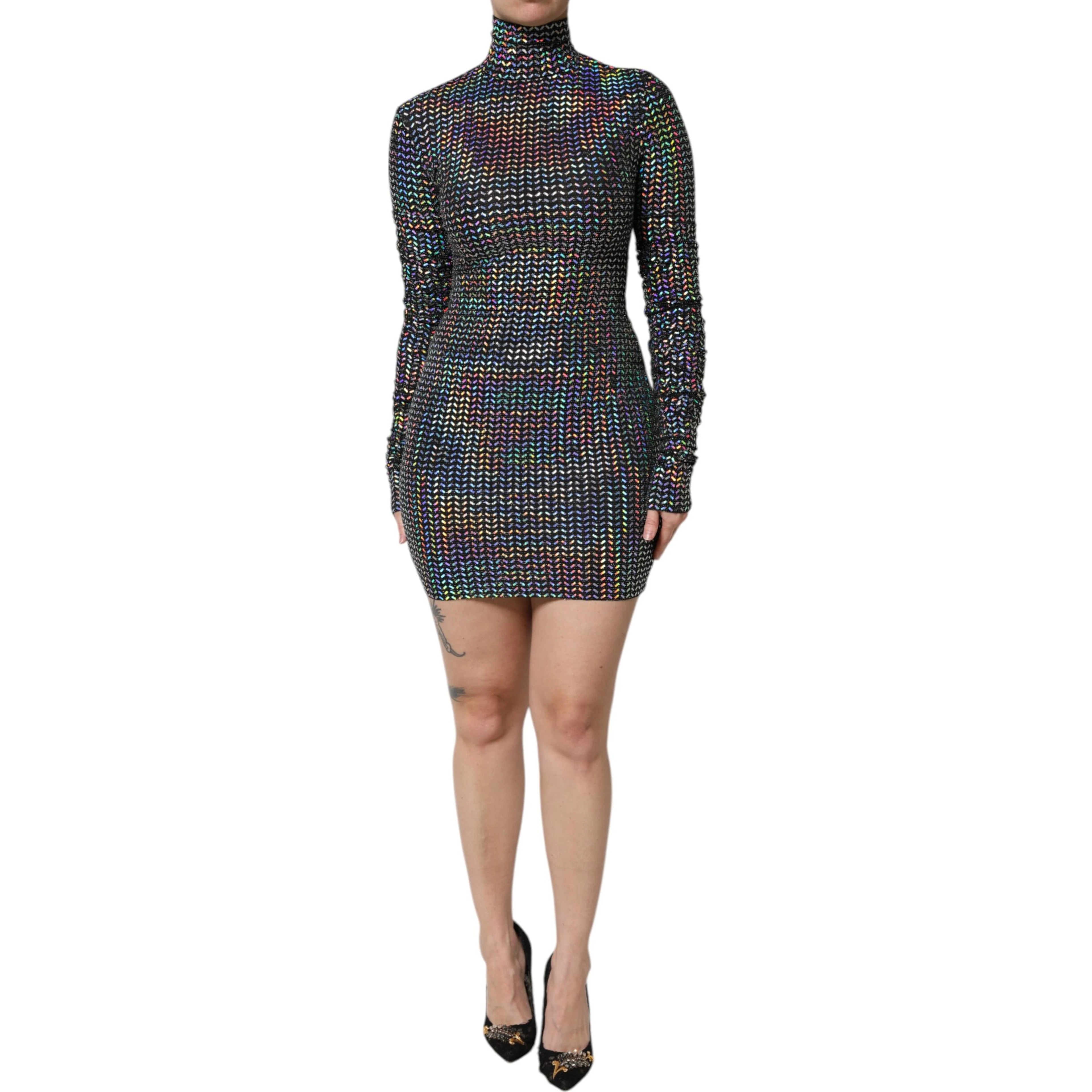 Black Embellished Nylon Bodycon Mini Dress