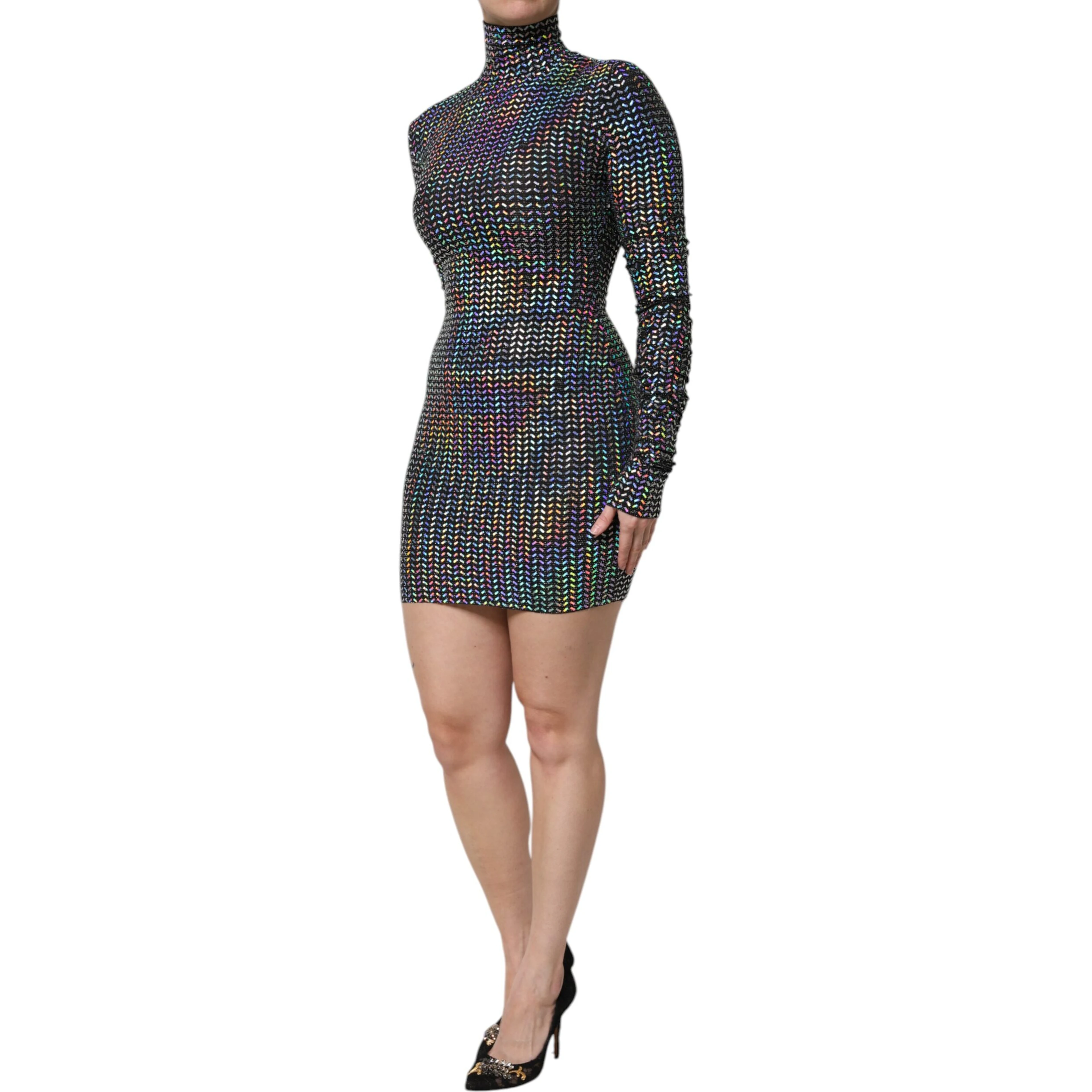 Black Embellished Nylon Bodycon Mini Dress