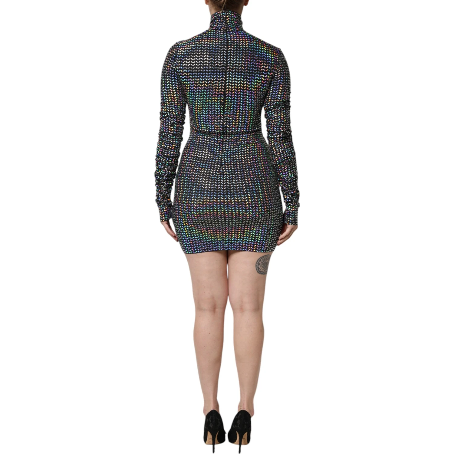 Black Embellished Nylon Bodycon Mini Dress