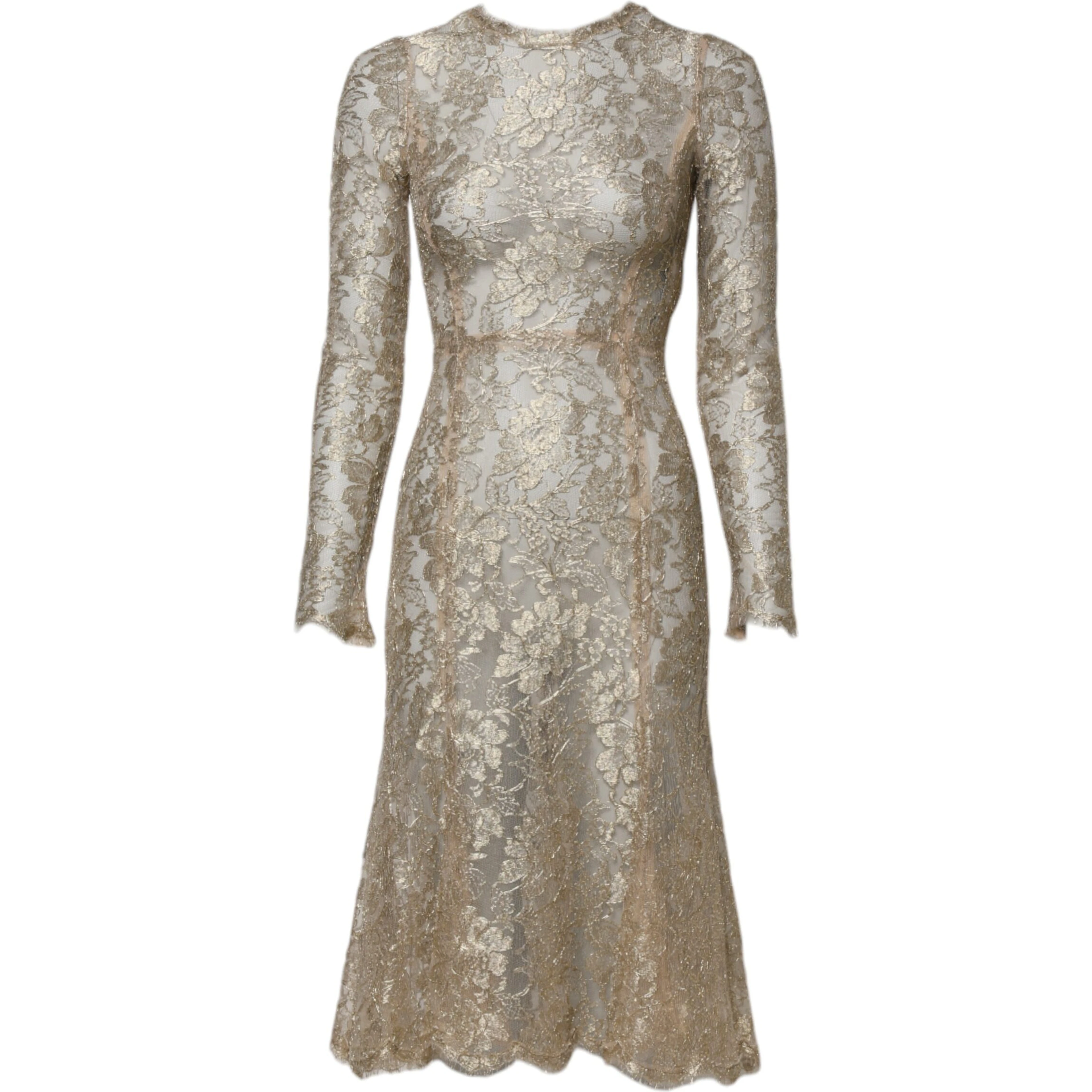 Gold Floral Lace Long Sleeves Fit & Flare Dress