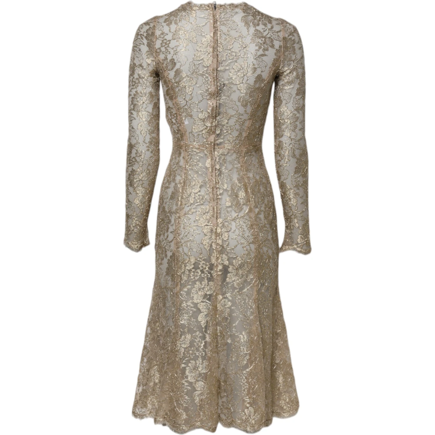 Gold Floral Lace Long Sleeves Fit & Flare Dress