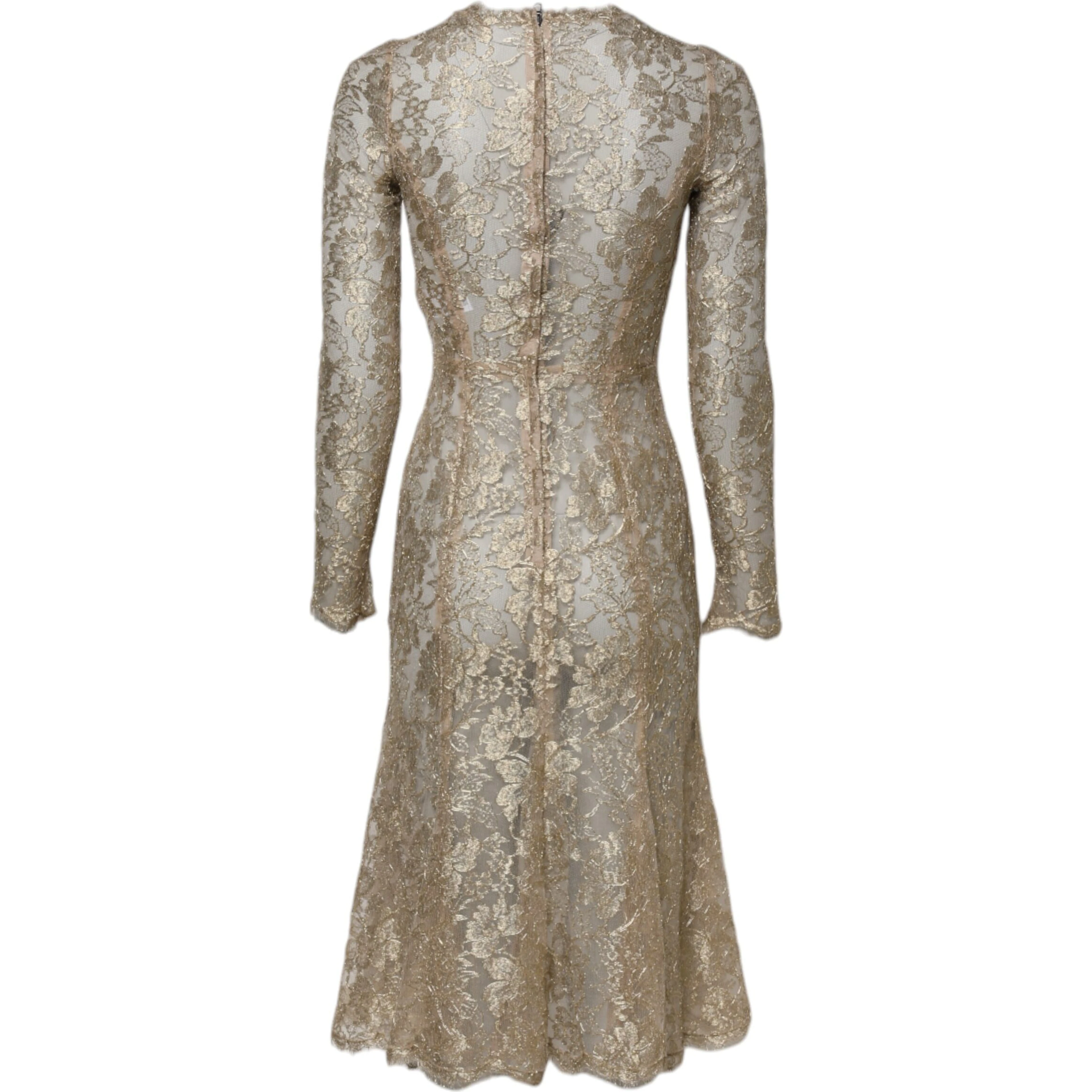 Gold Floral Lace Long Sleeves Fit & Flare Dress