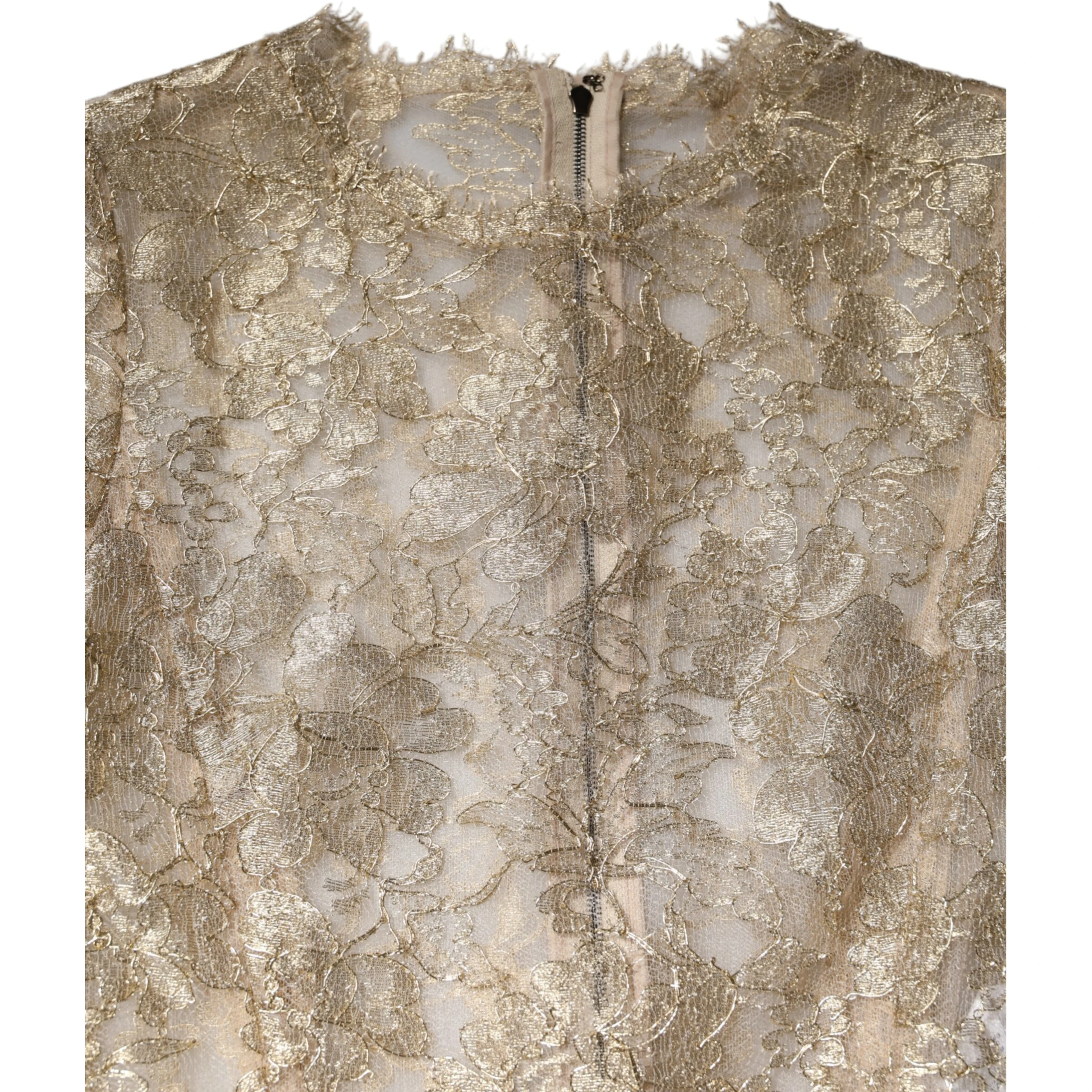 Gold Floral Lace Long Sleeves Fit & Flare Dress