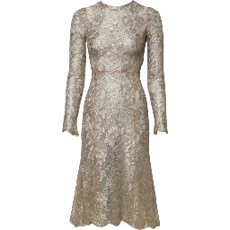 Gold Floral Lace Long Sleeves Fit & Flare Dress