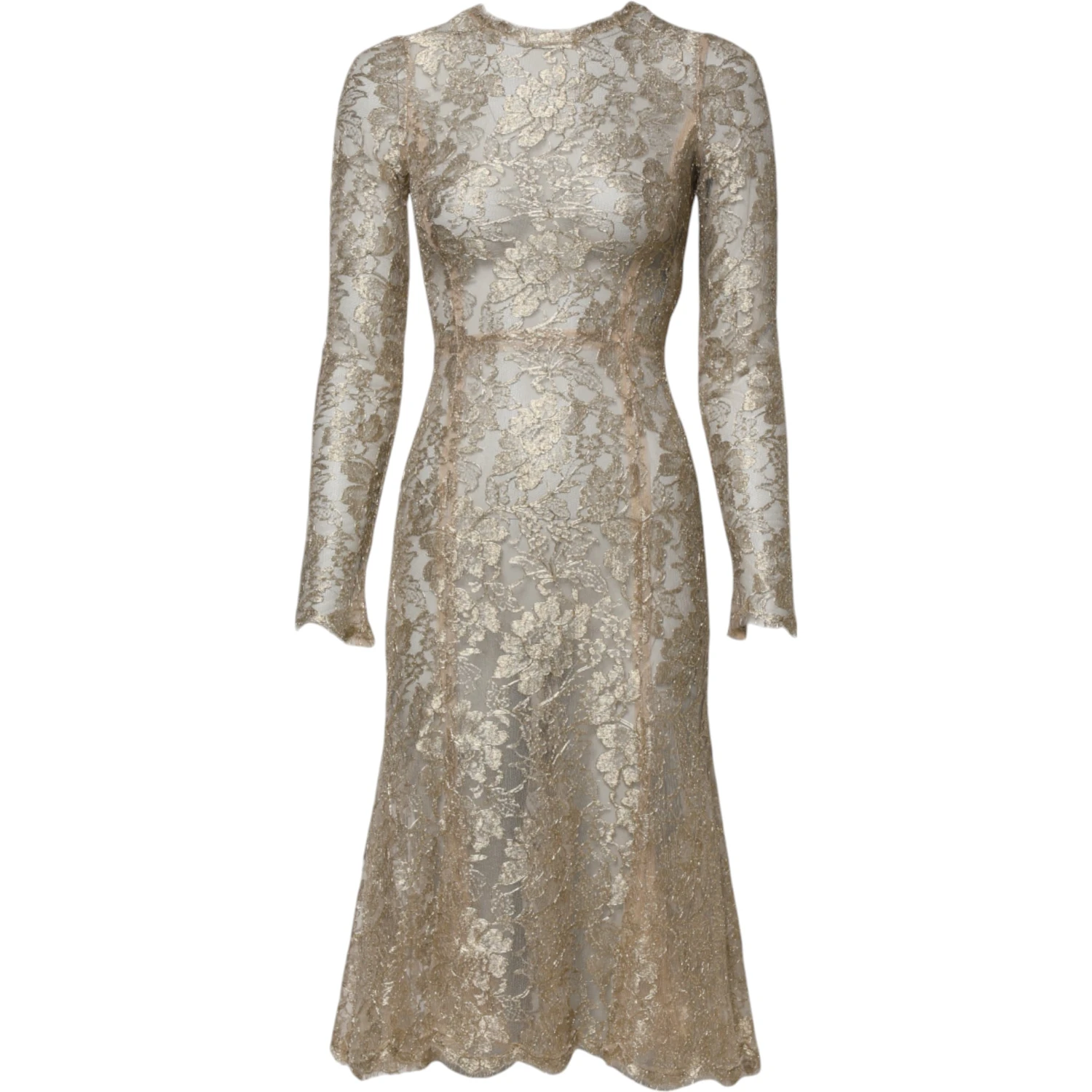 Gold Floral Lace Long Sleeves Fit & Flare Dress