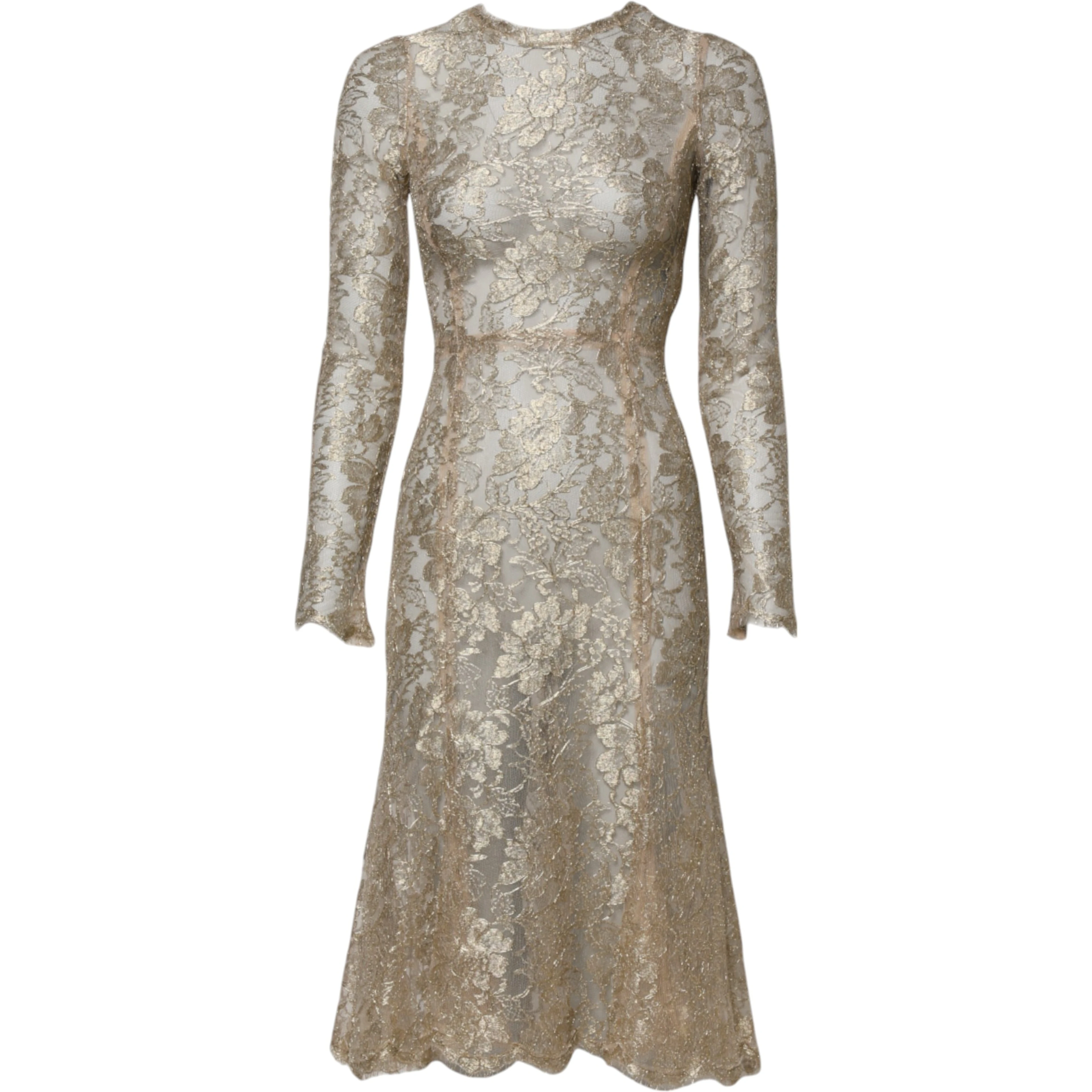 Gold Floral Lace Long Sleeves Fit & Flare Dress