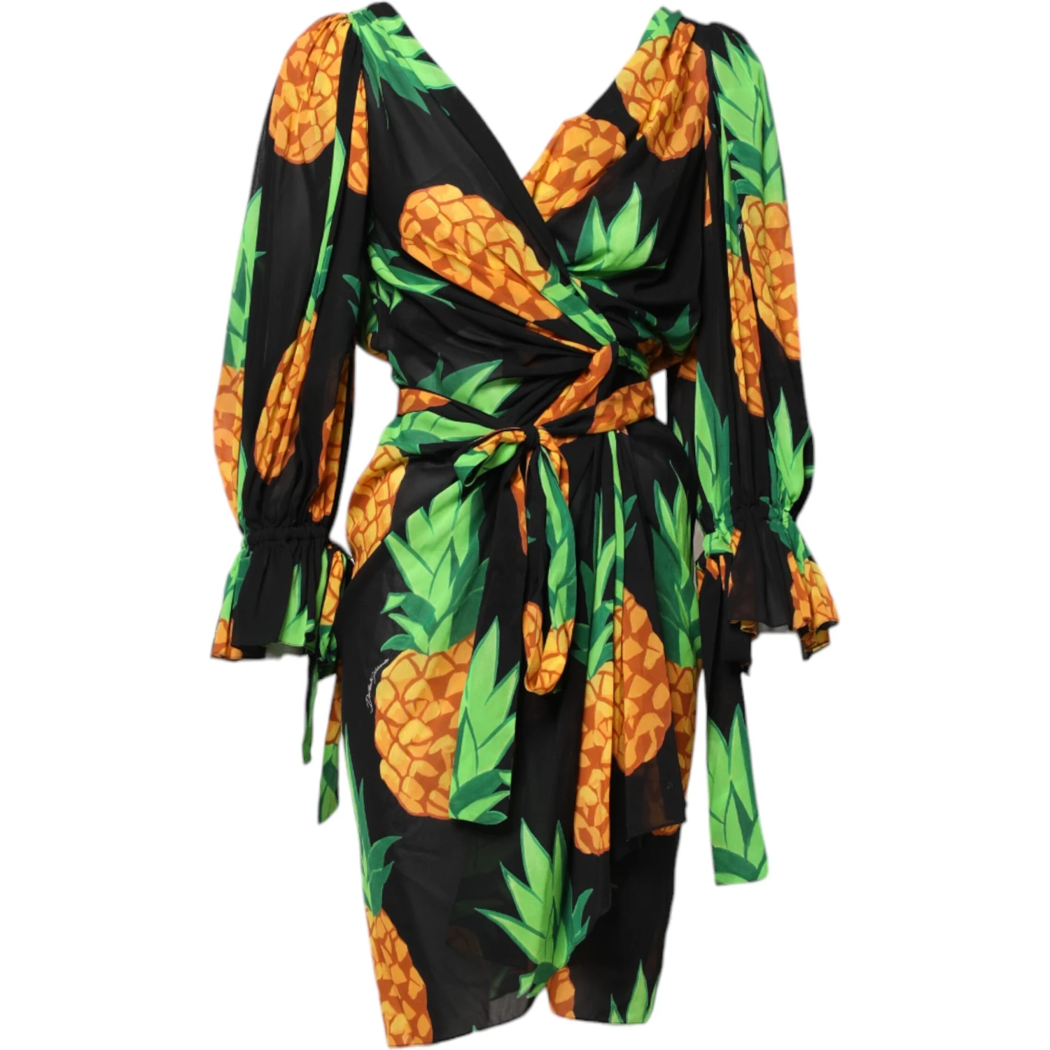 Black Pineapple Print Silk Wrap Mini Dress