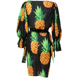Black Pineapple Print Silk Wrap Mini Dress