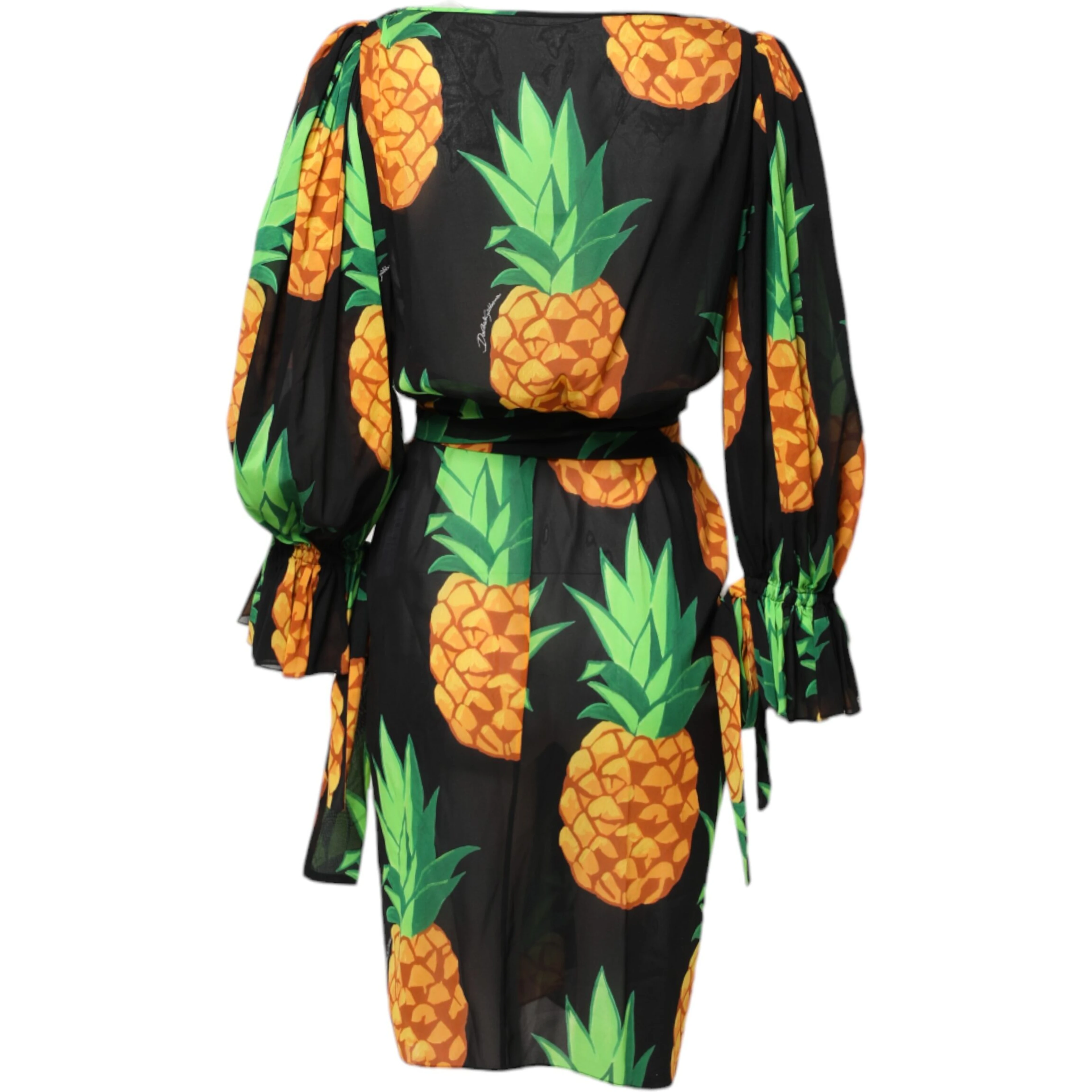 Black Pineapple Print Silk Wrap Mini Dress