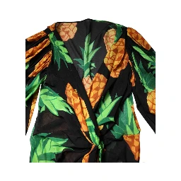 Black Pineapple Print Silk Wrap Mini Dress