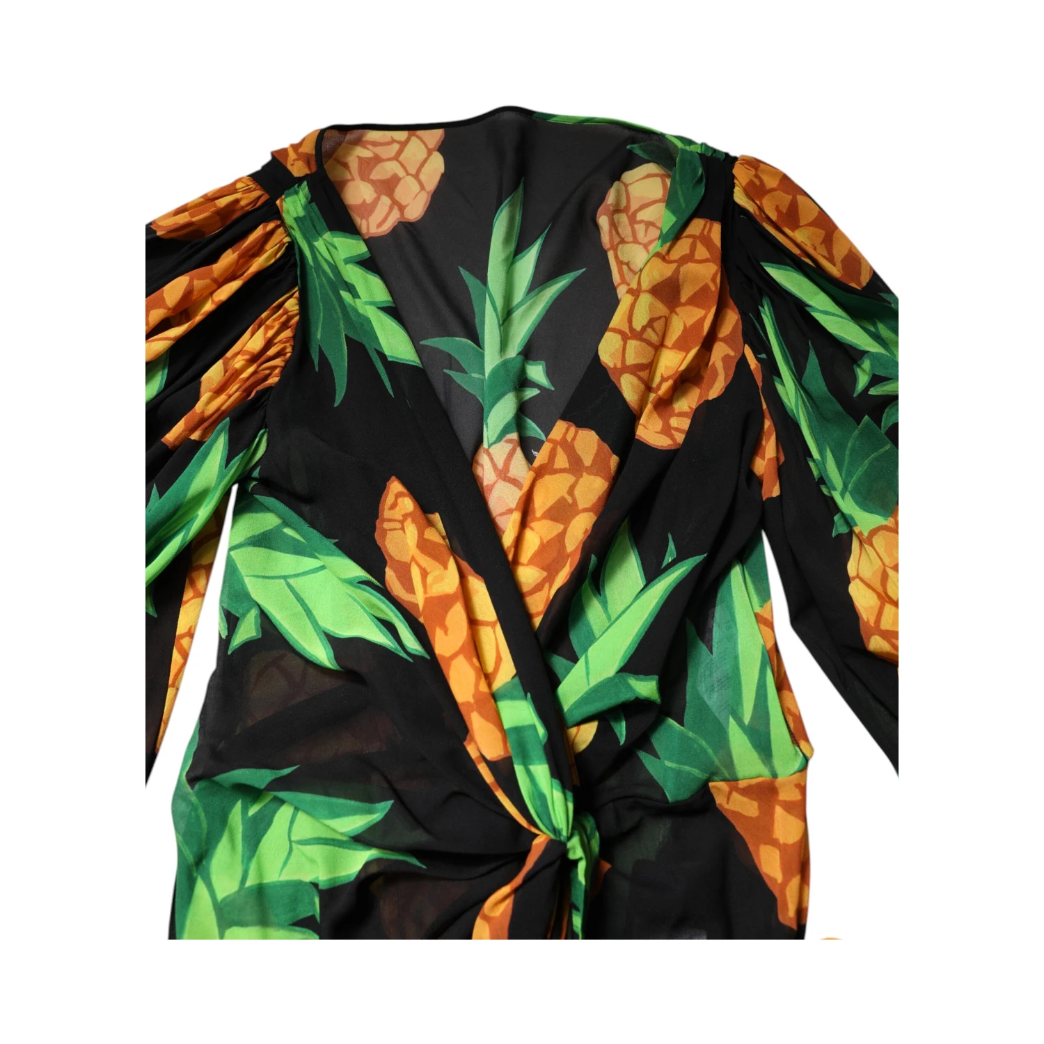 Black Pineapple Print Silk Wrap Mini Dress