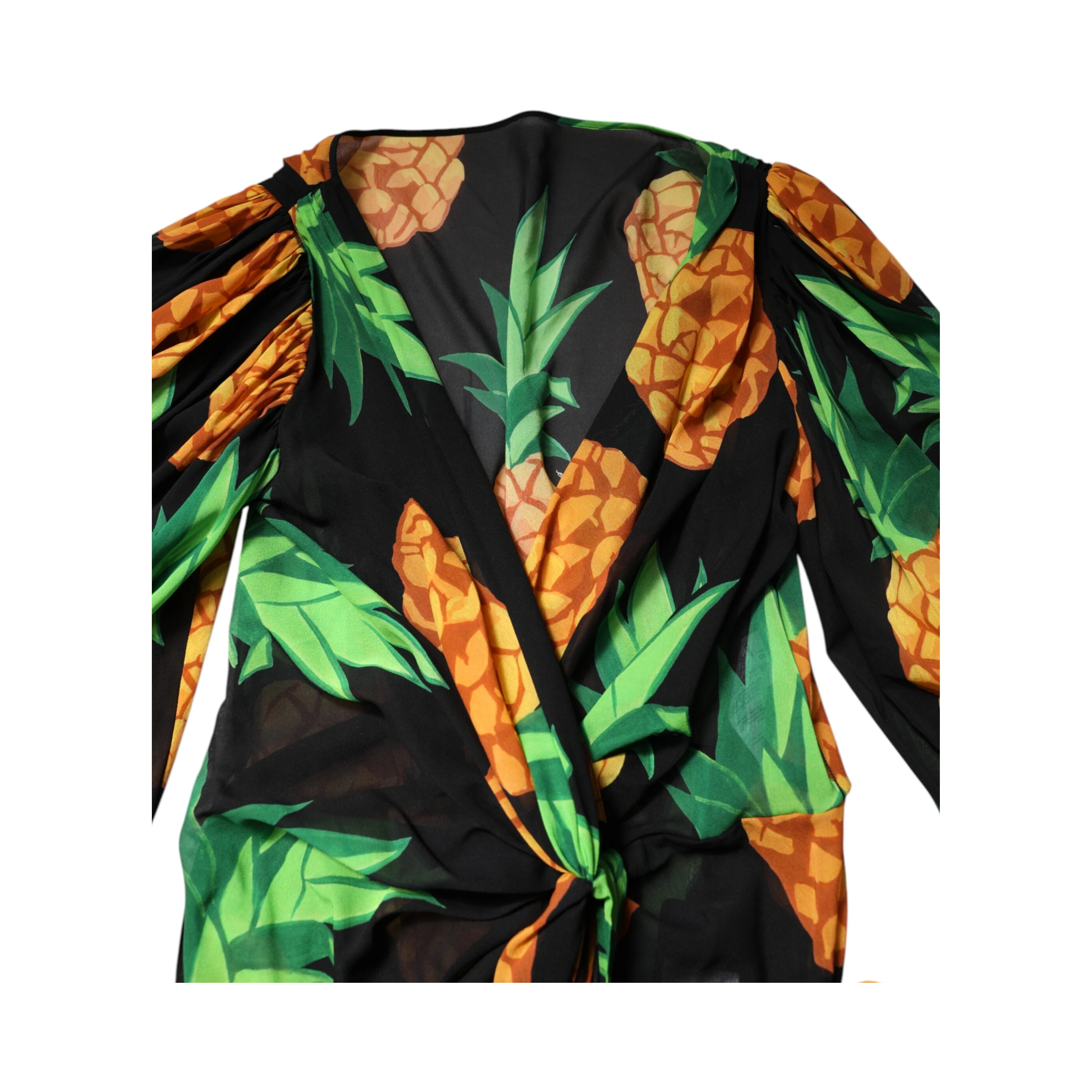 Black Pineapple Print Silk Wrap Mini Dress