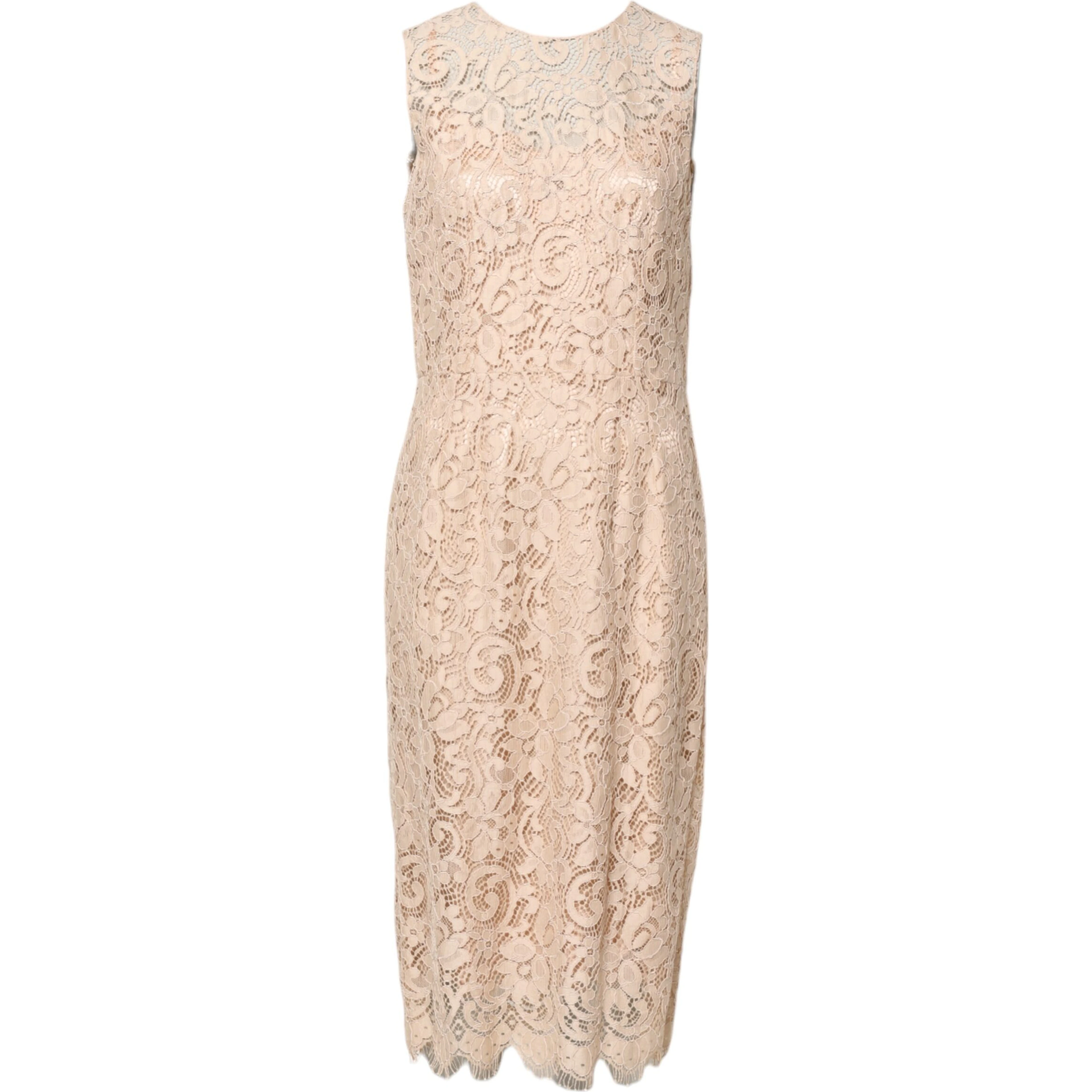 Beige Floral Lace Sleeveless Sheath Dress