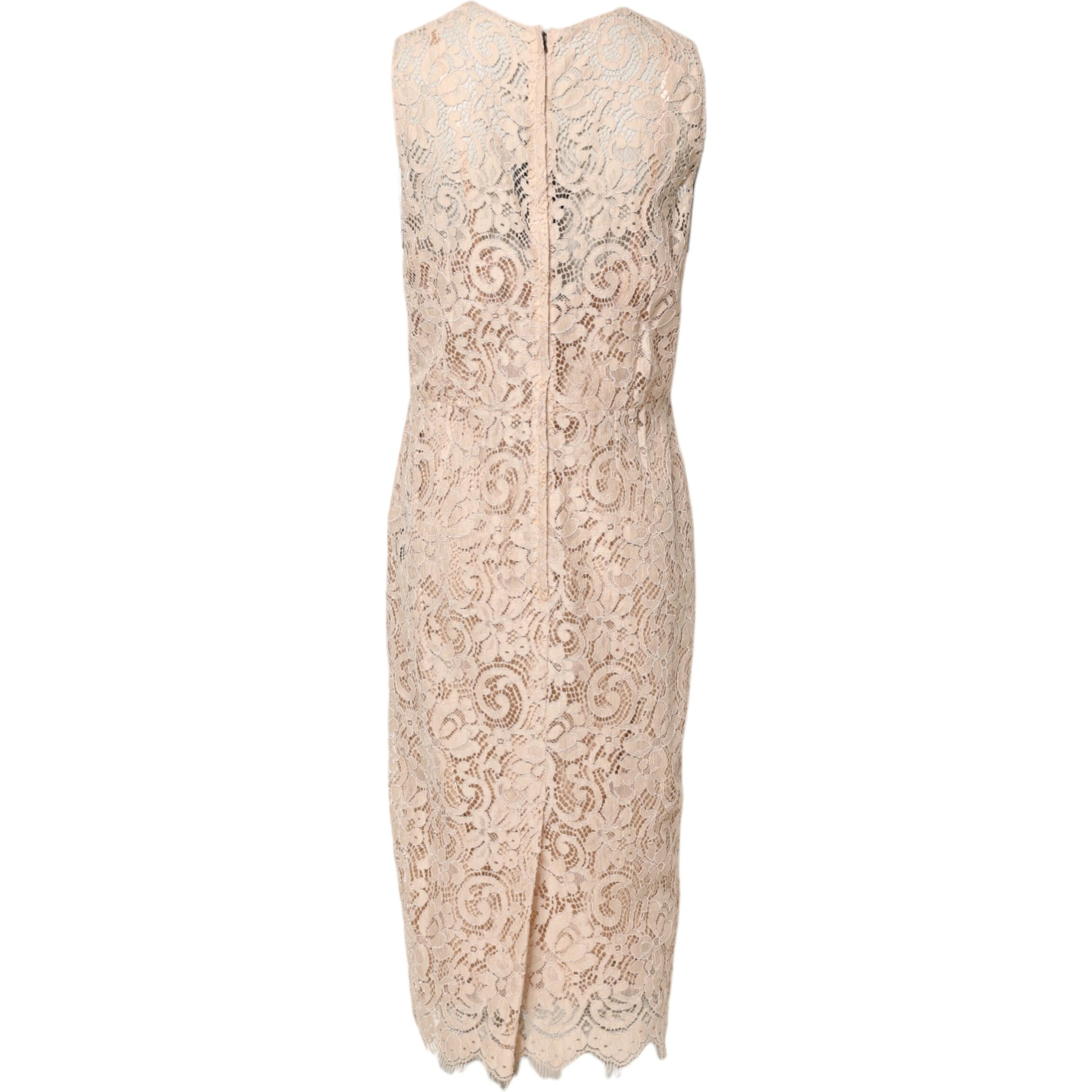 Beige Floral Lace Sleeveless Sheath Dress