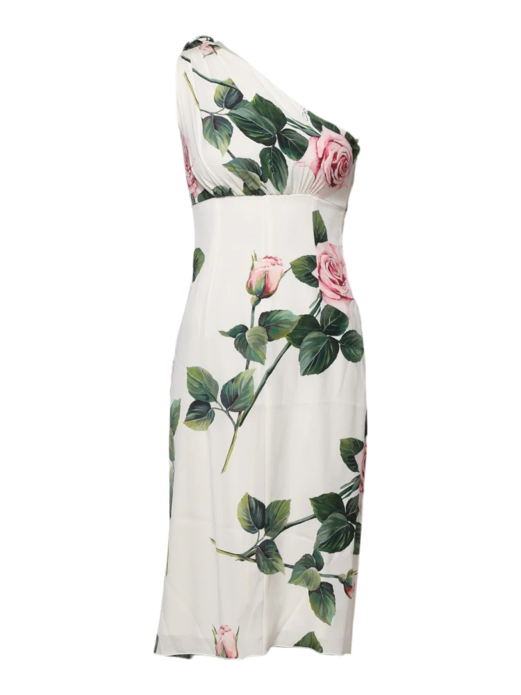 White Floral One Shoulder Sheath Midi Dress