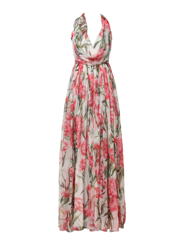White Floral Silk Halter A-line Maxi Dress