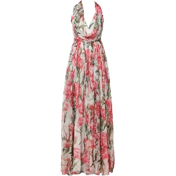 White Floral Silk Halter A-line Maxi Dress