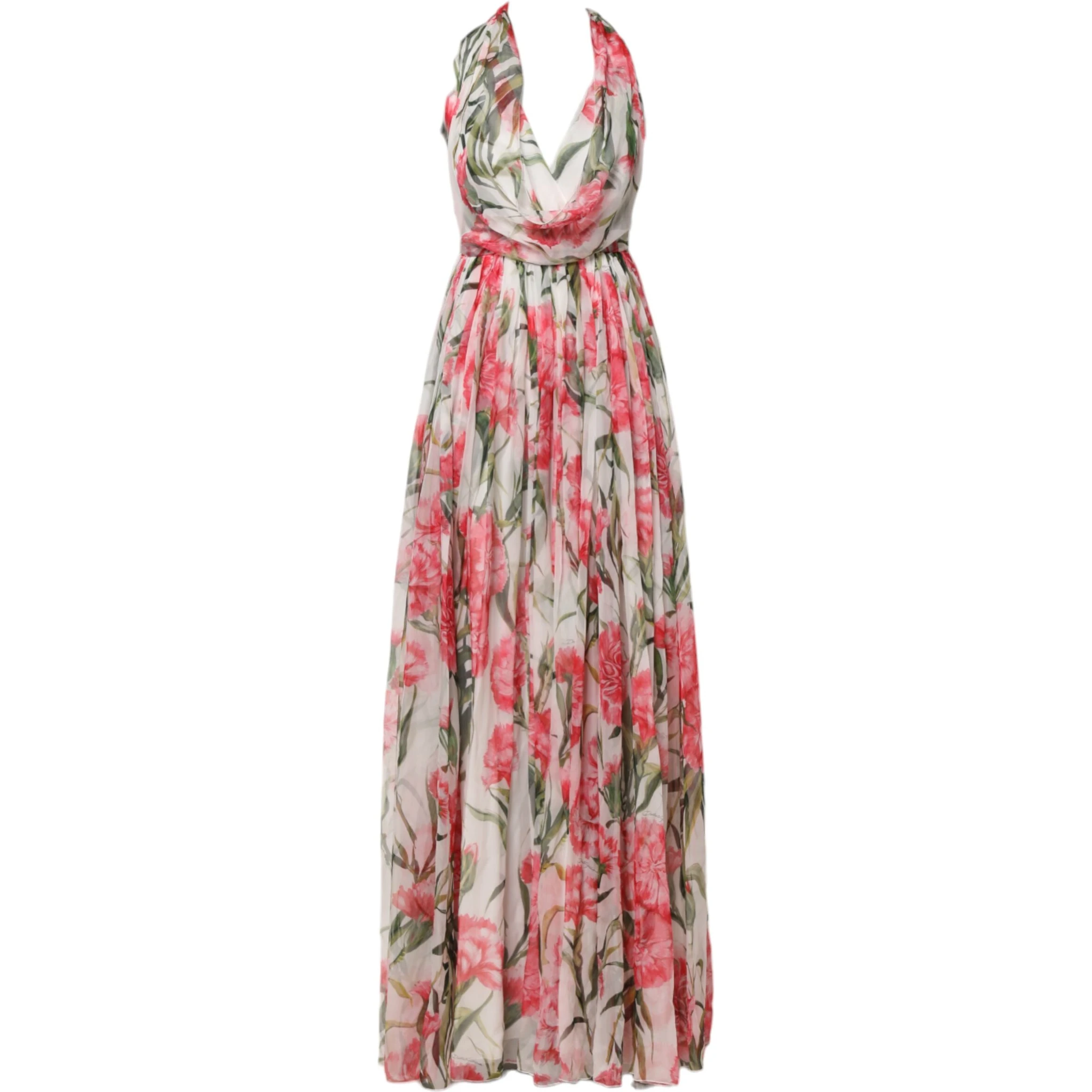 White Floral Silk Halter A-line Maxi Dress