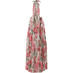 White Floral Silk Halter A-line Maxi Dress