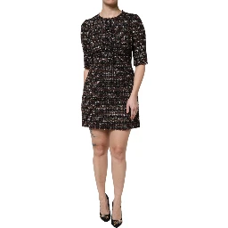 Brown Tweed Short Sleeves A-line Mini Dress