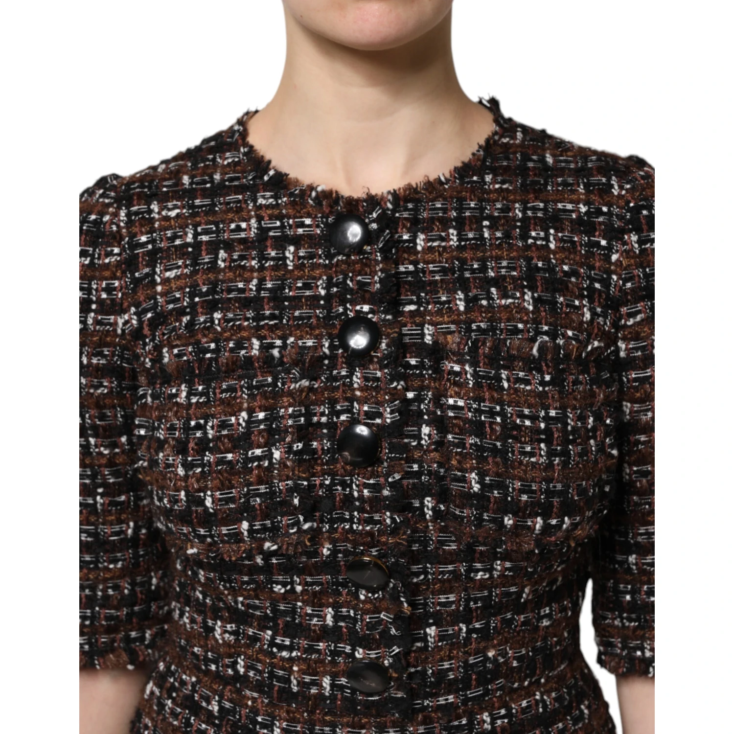 Brown Tweed Short Sleeves A-line Mini Dress