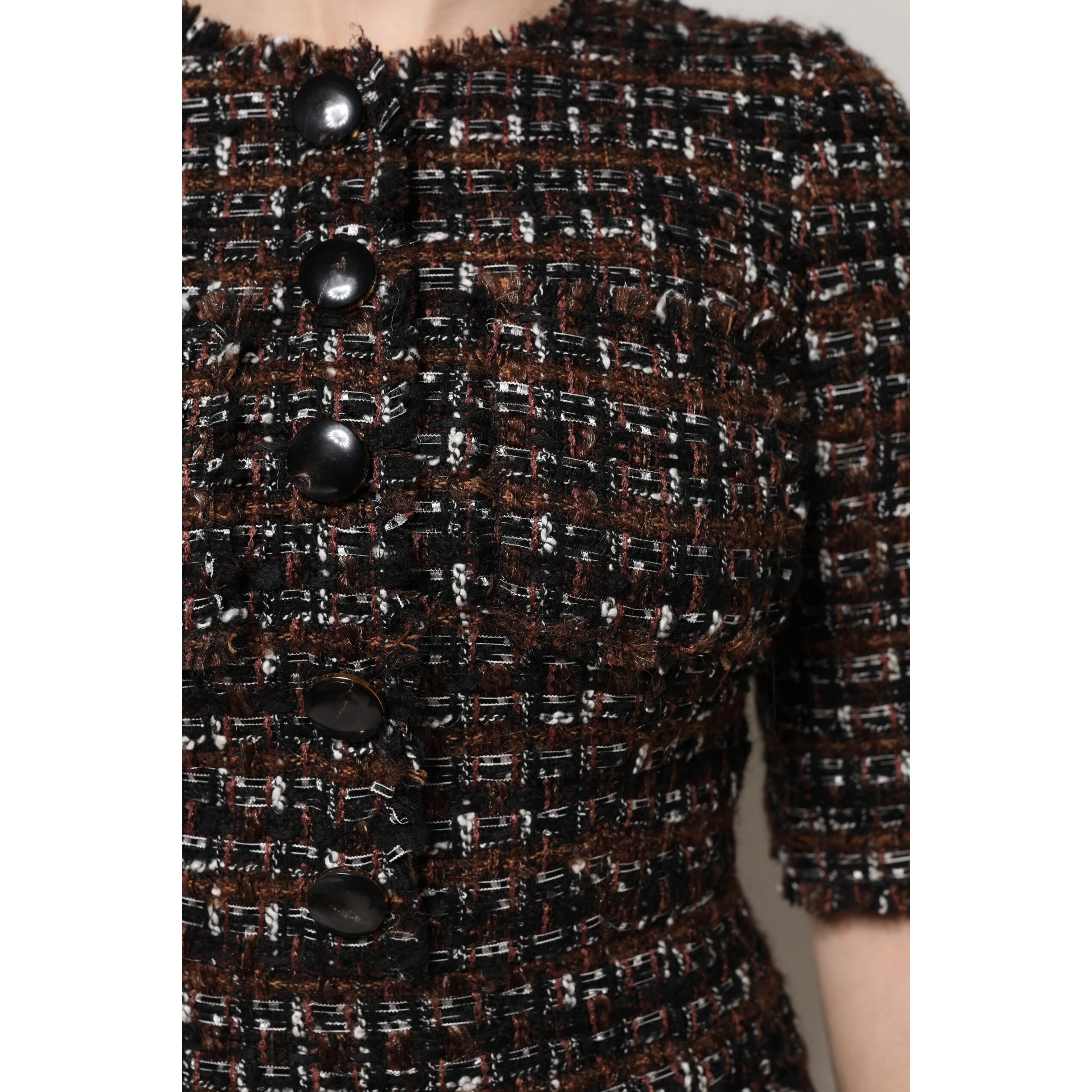 Brown Tweed Short Sleeves A-line Mini Dress