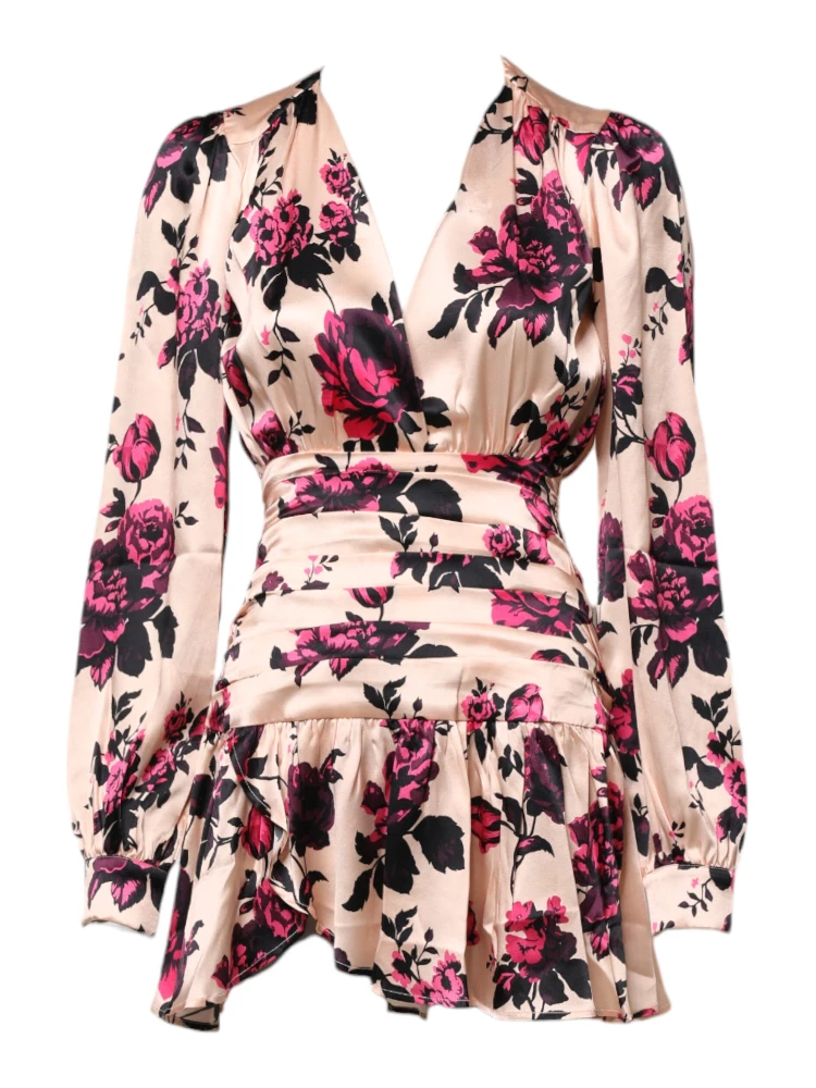 Pink Floral Silk Long Sleeves V-neck Wrap Mini Dress