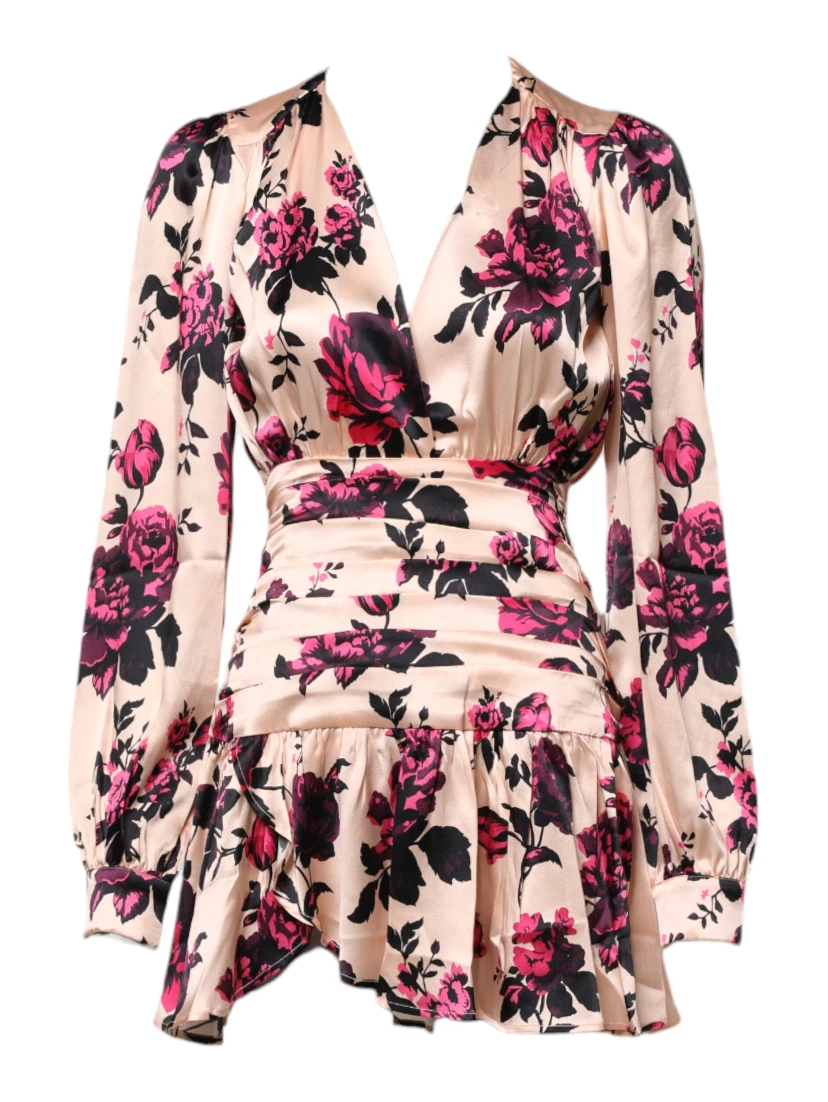 Pink Floral Silk Long Sleeves V-neck Wrap Mini Dress
