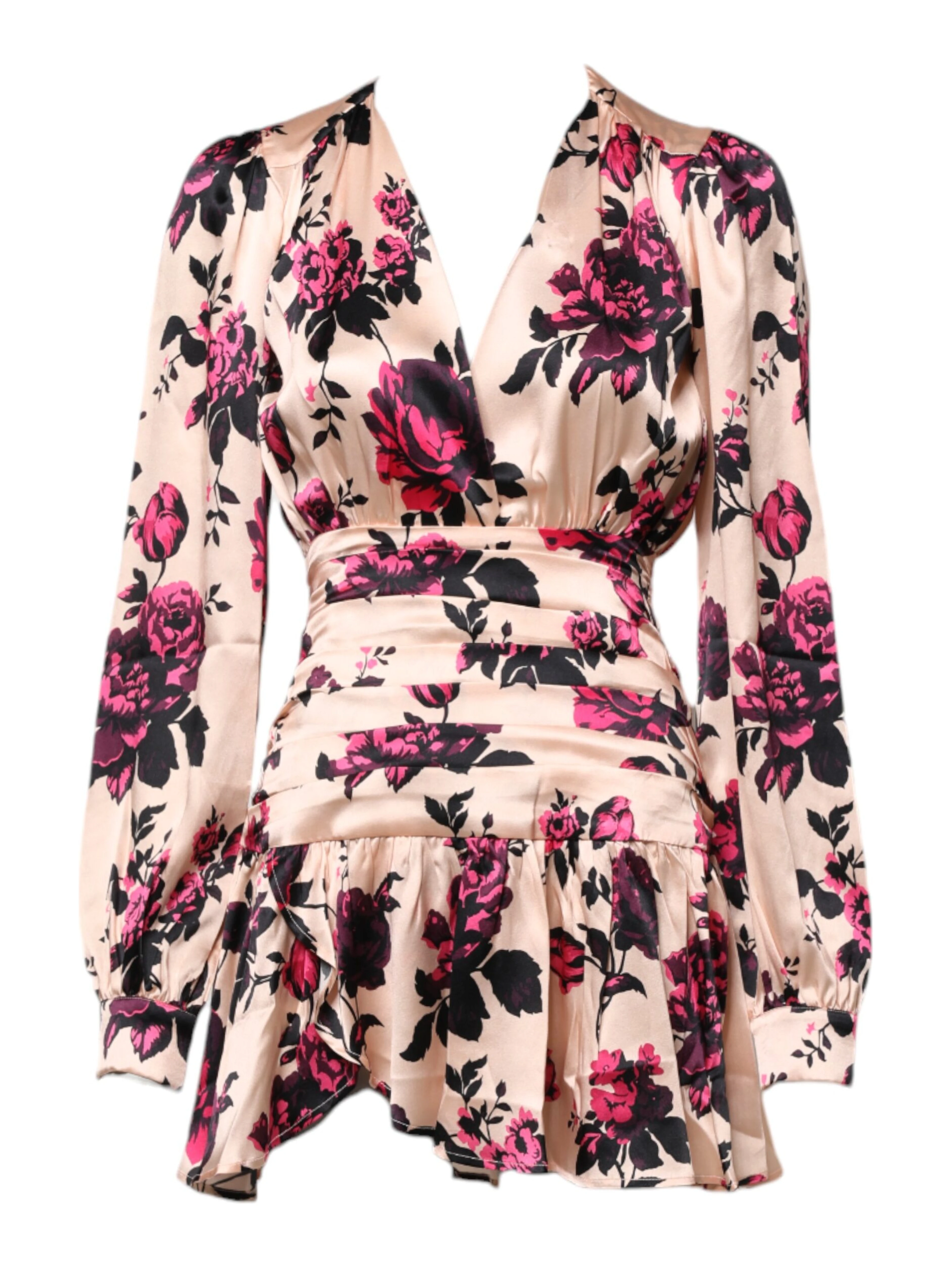 Pink Floral Silk Long Sleeves V-neck Wrap Mini Dress