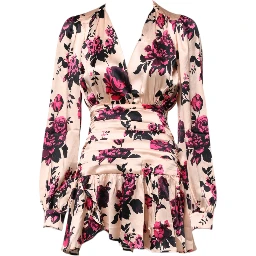 Pink Floral Silk Long Sleeves V-neck Wrap Mini Dress
