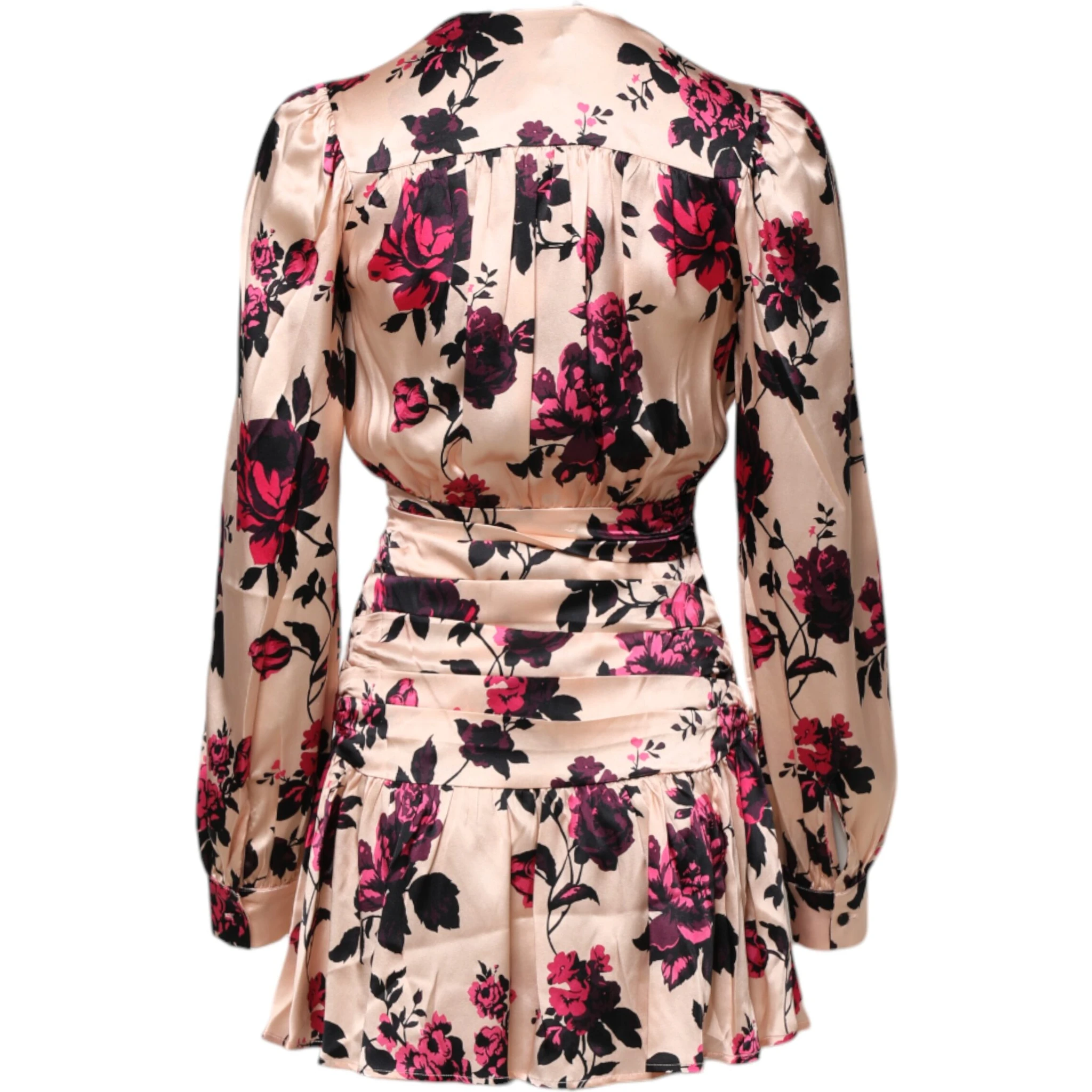 Pink Floral Silk Long Sleeves V-neck Wrap Mini Dress