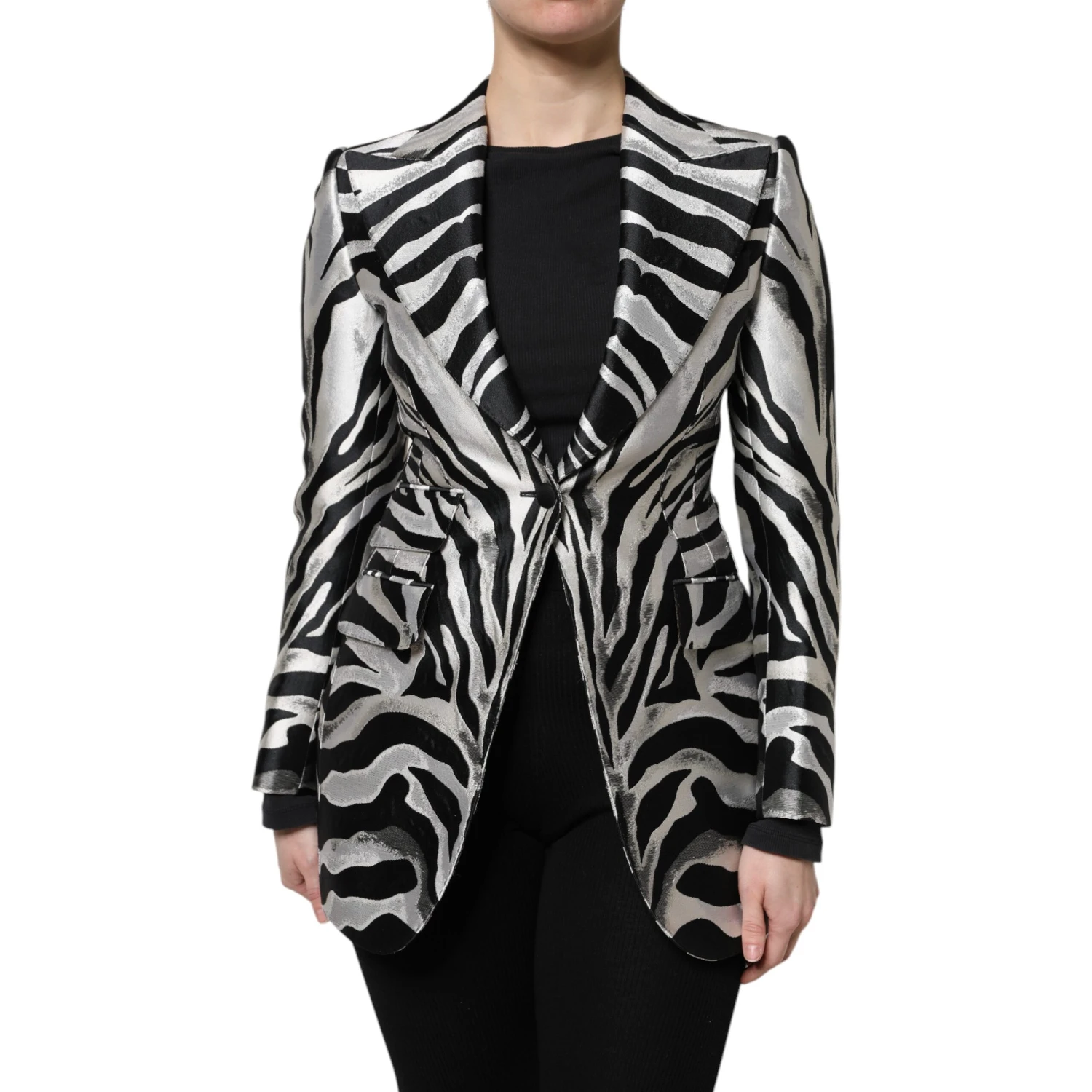 Black White Polyester Women Blazer Jacket