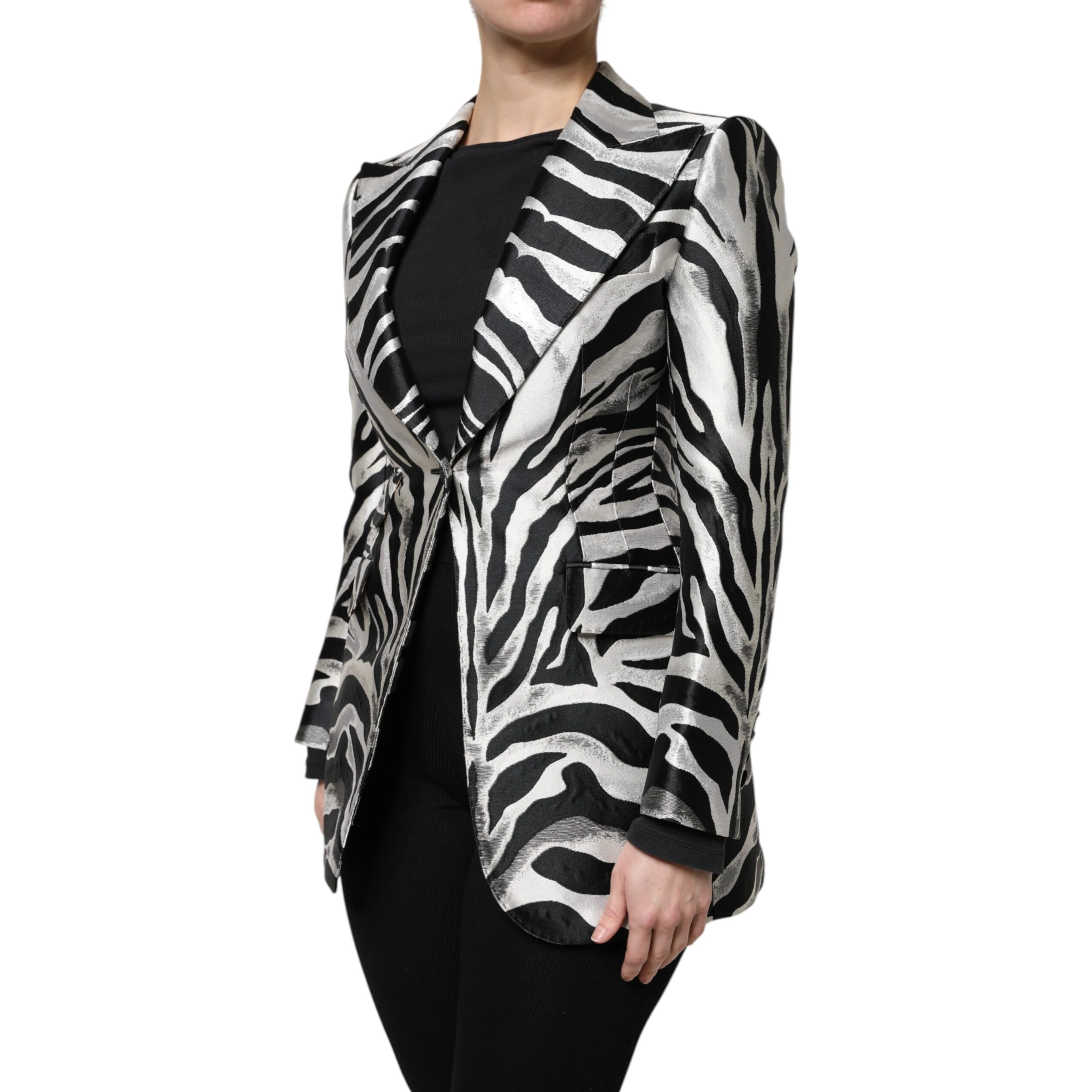 Black White Polyester Women Blazer Jacket