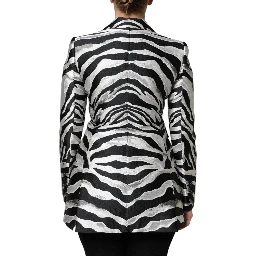Black White Polyester Women Blazer Jacket