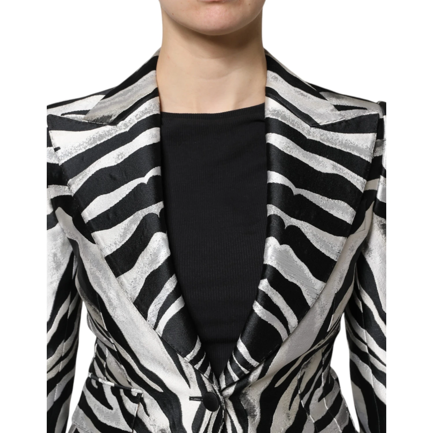 Black White Polyester Women Blazer Jacket