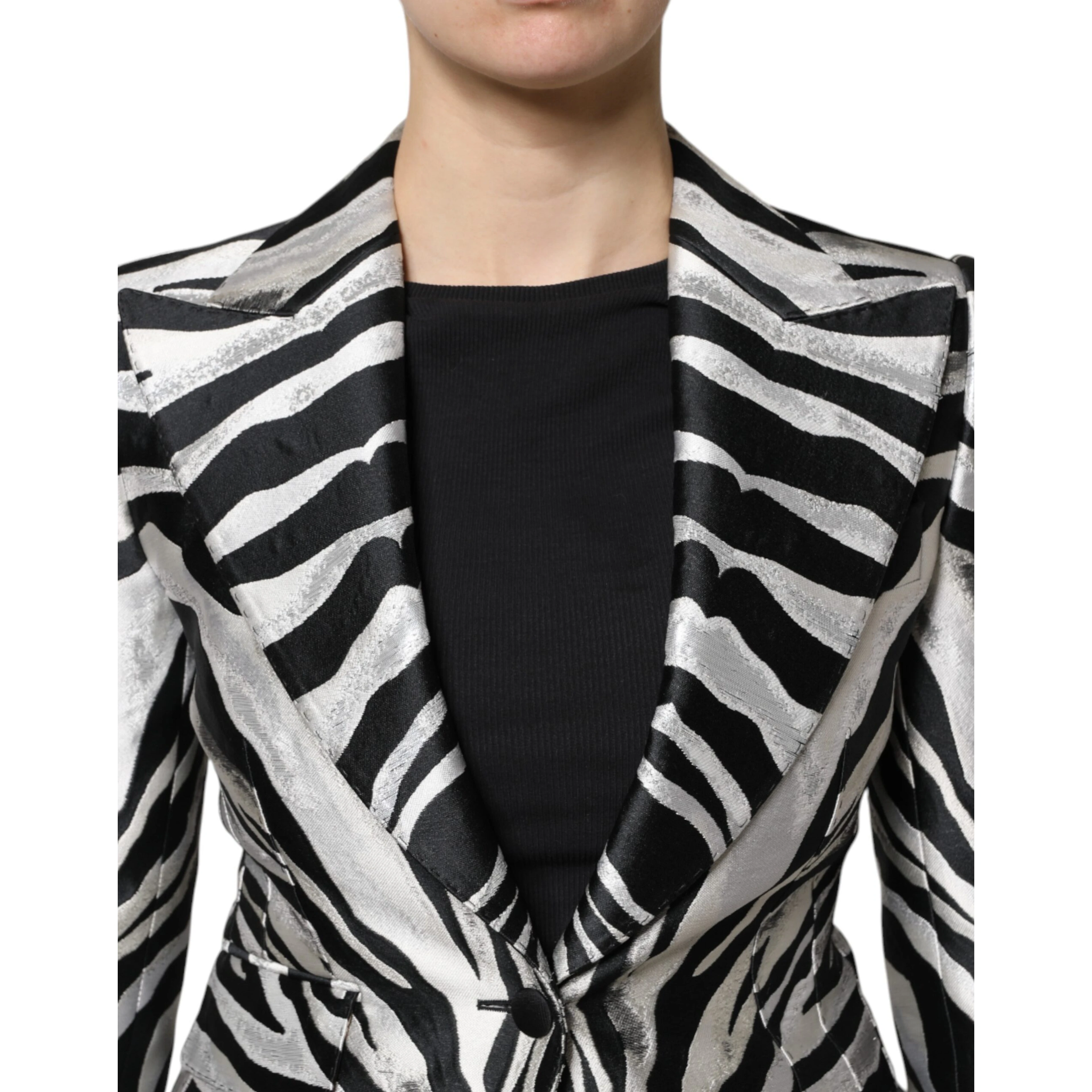 Black White Polyester Women Blazer Jacket