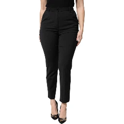 Black Polyester High Waist Slim Pants