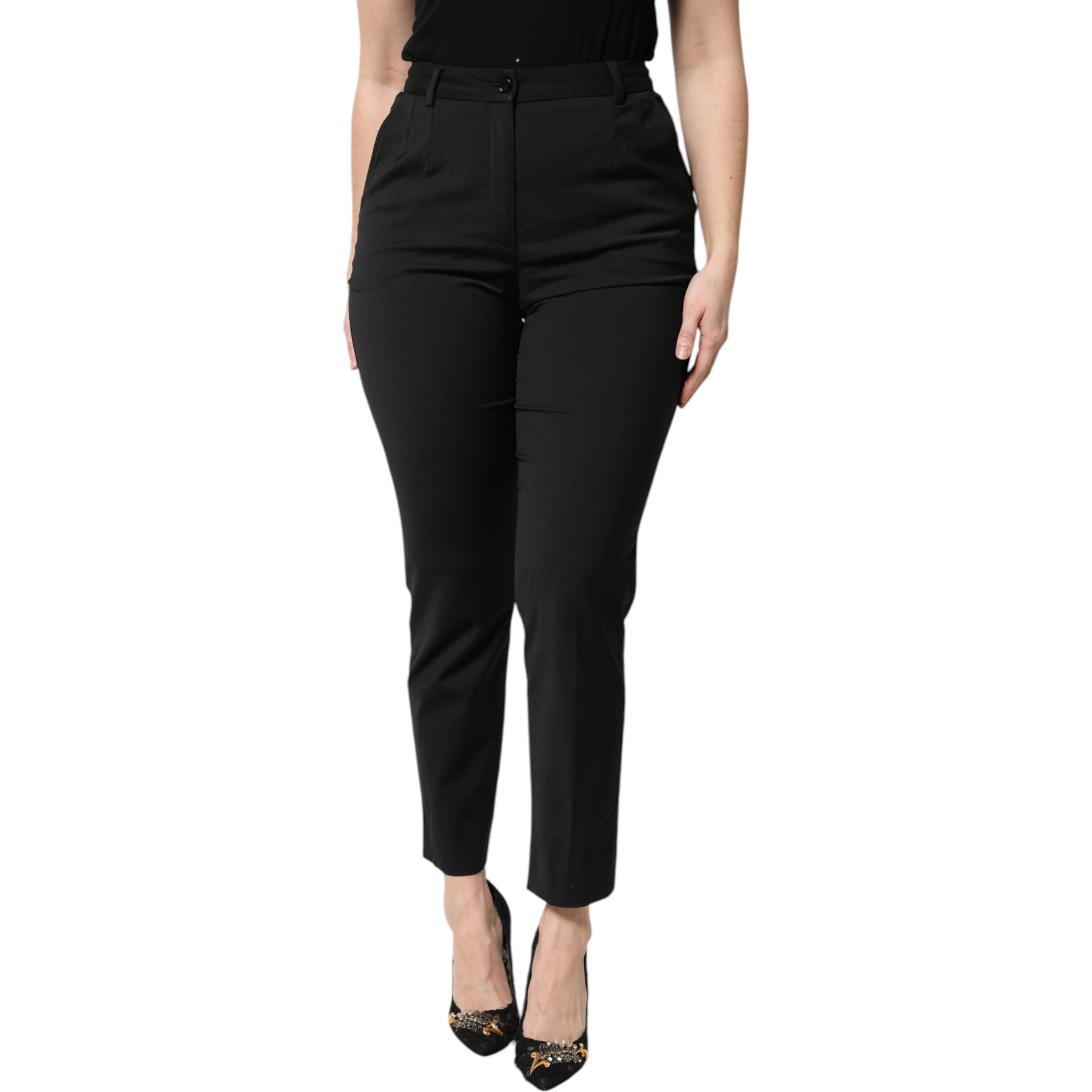 Black Polyester High Waist Slim Pants