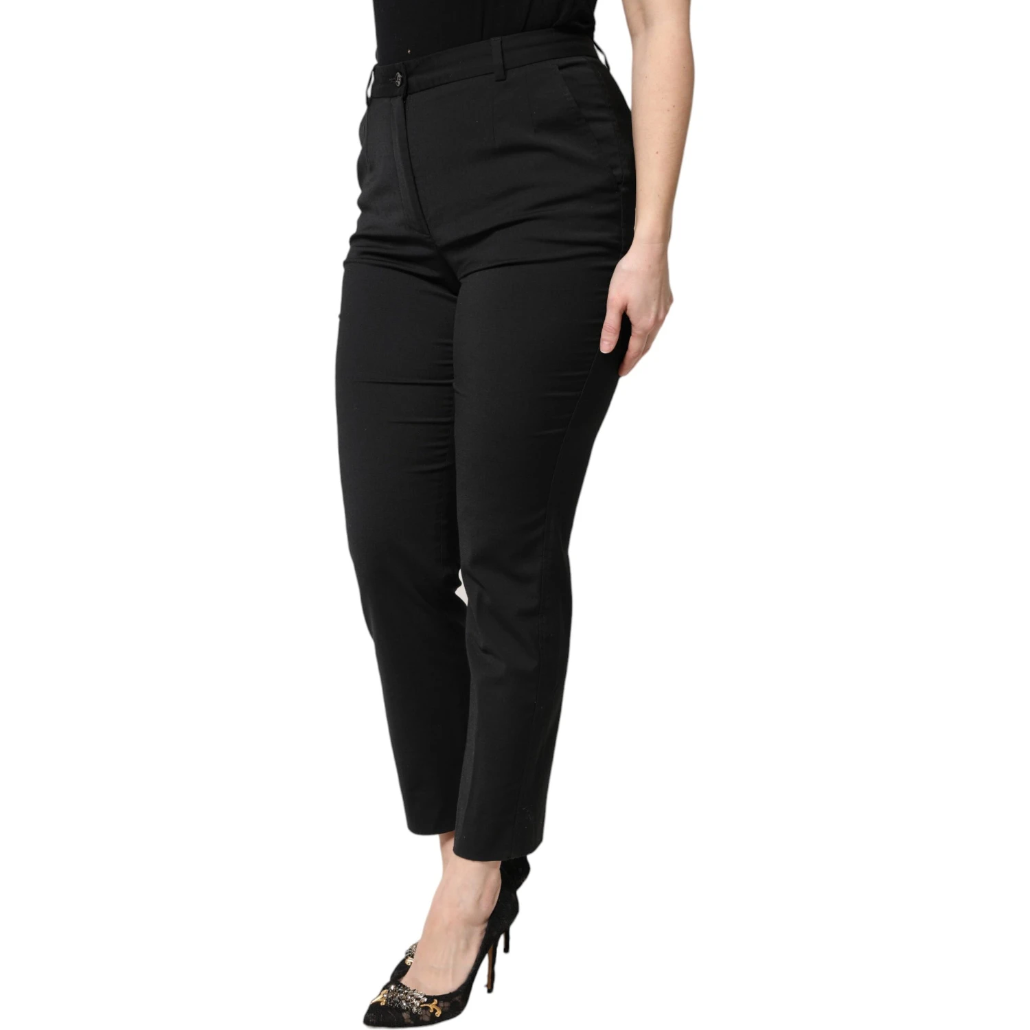 Black Polyester High Waist Slim Pants