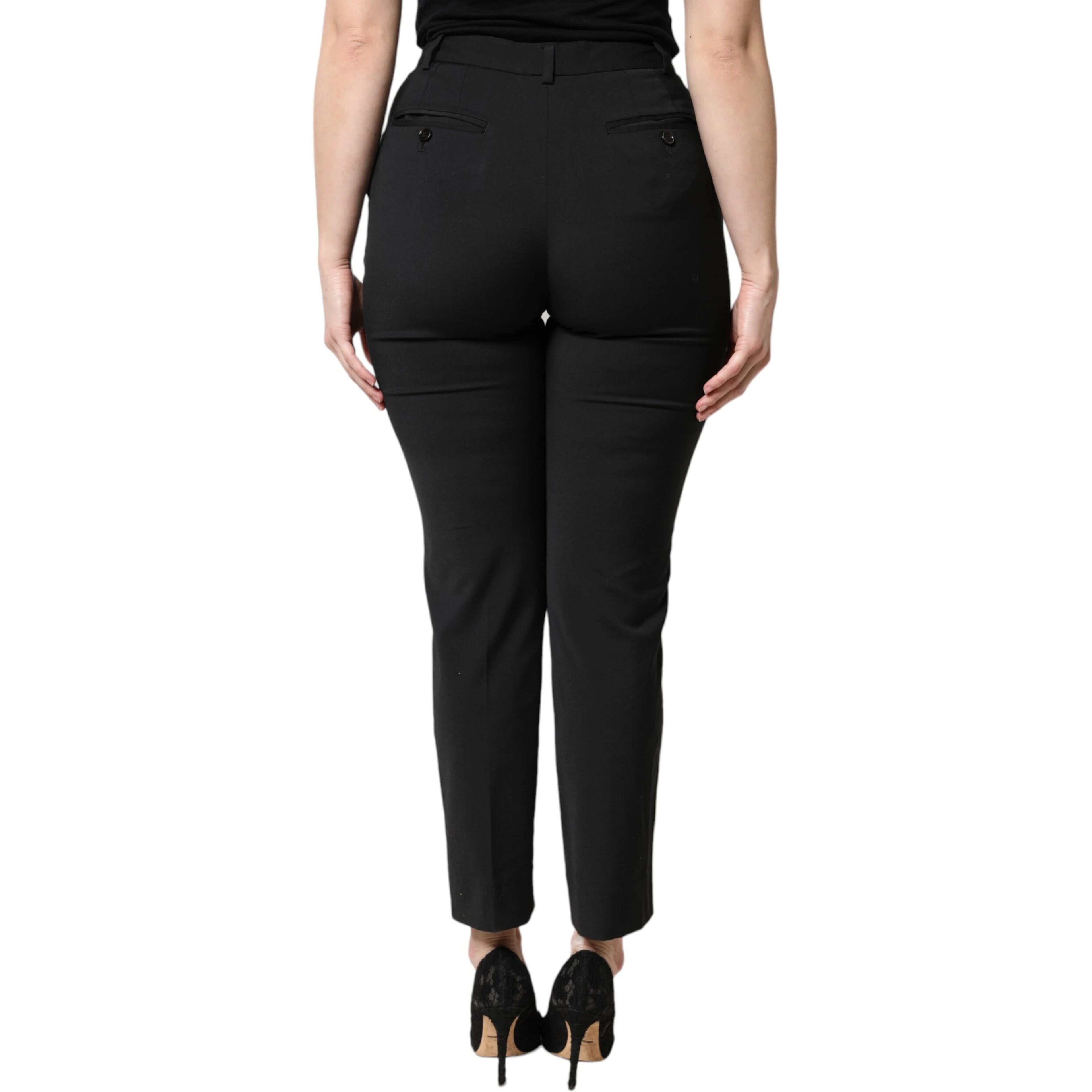 Black Polyester High Waist Slim Pants
