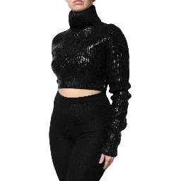 Black Wool Long Sleeve Turtleneck Cropped Top