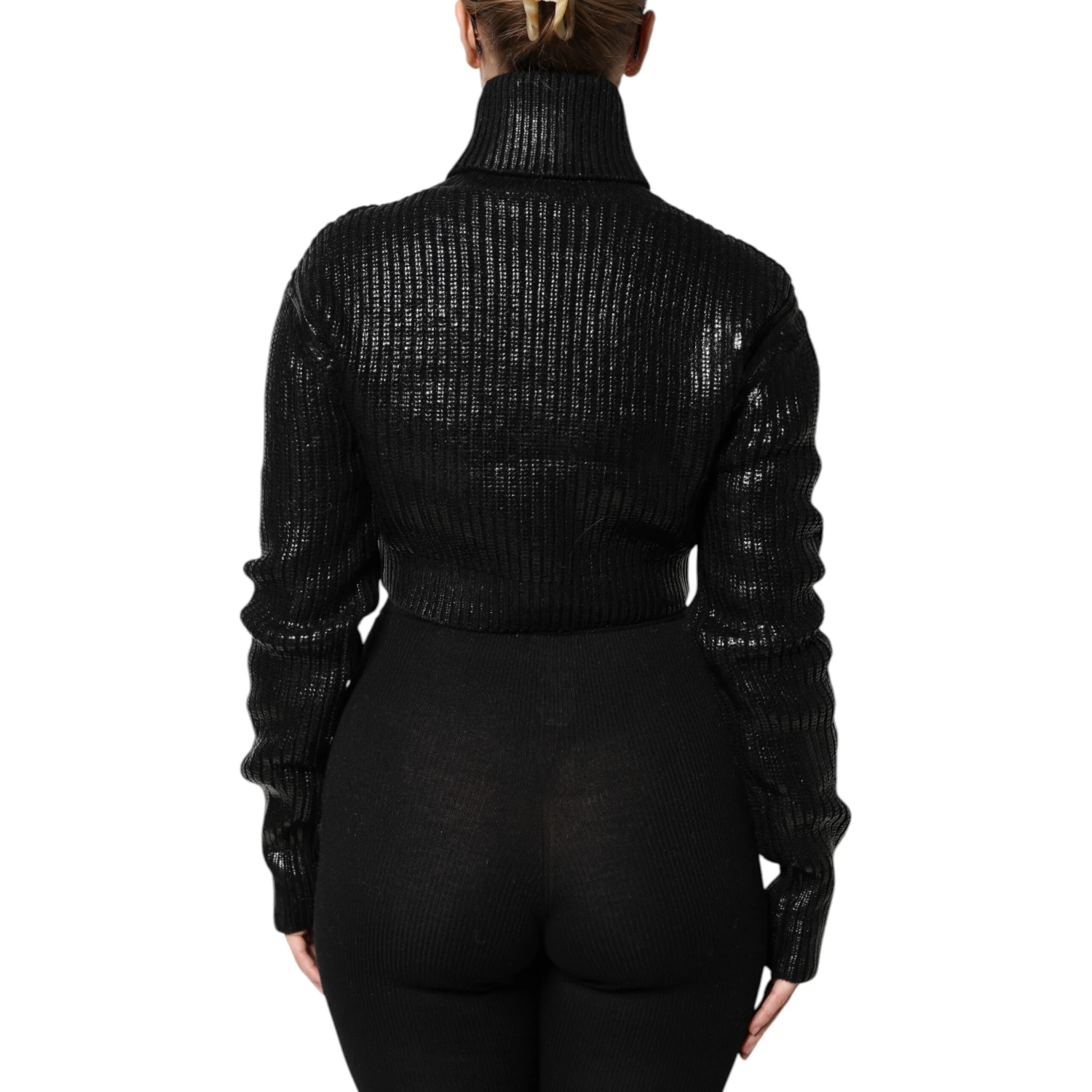 Black Wool Long Sleeve Turtleneck Cropped Top