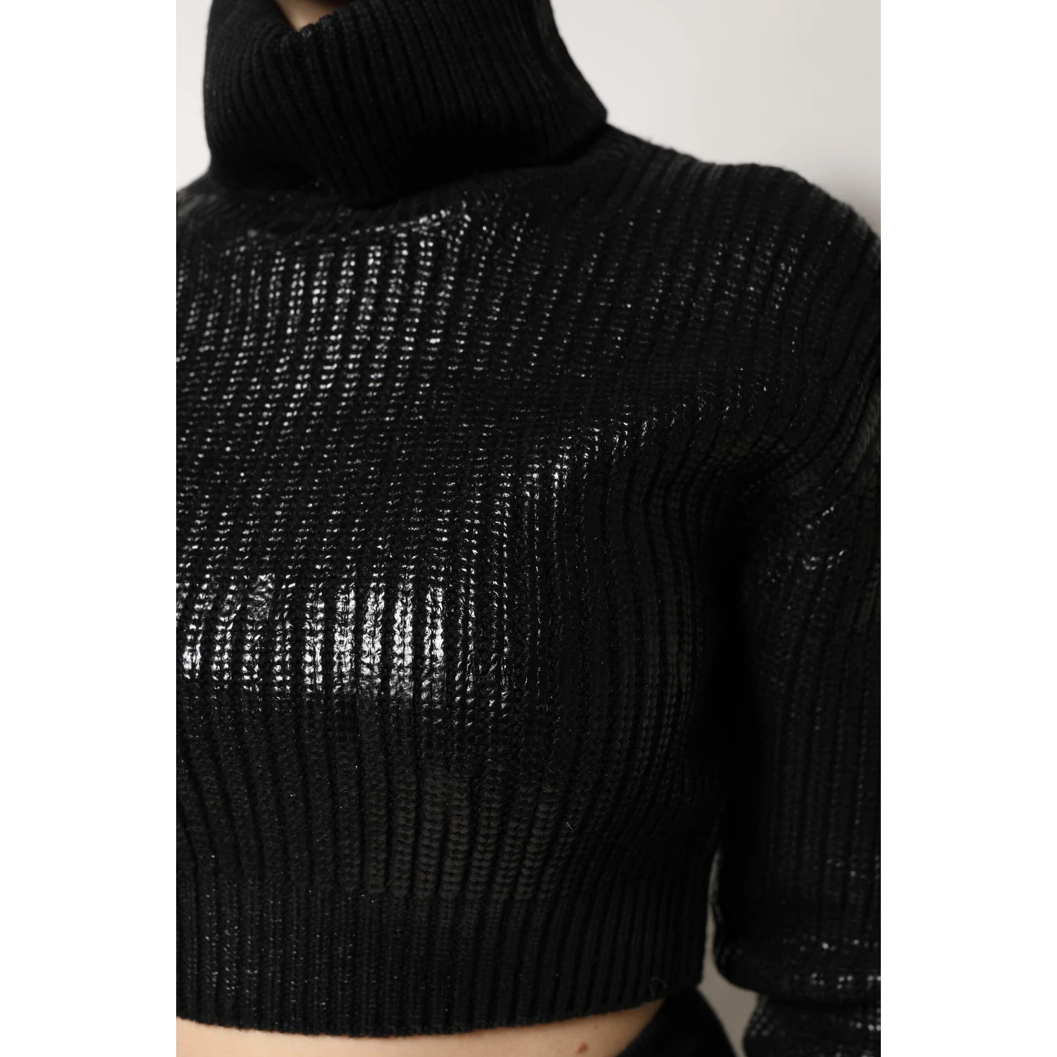 Black Wool Long Sleeve Turtleneck Cropped Top