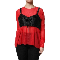 Red Black Bustier Detailing Long Sleeves Top